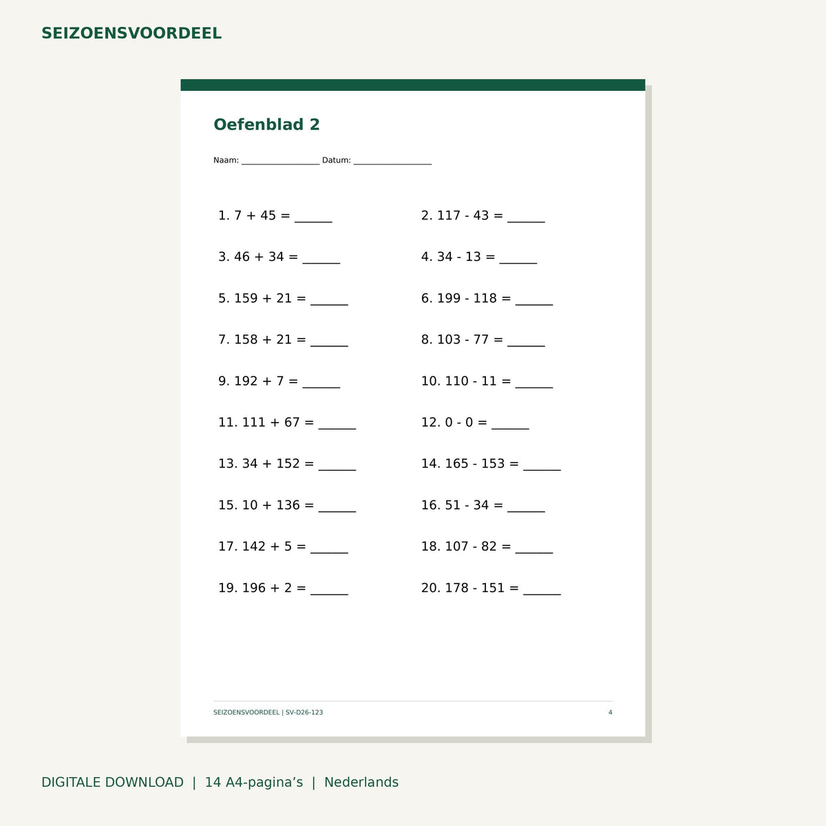 Rekenbladen optellen en aftrekken tot 200 | Nederlandse A4 PDF | Digitale download