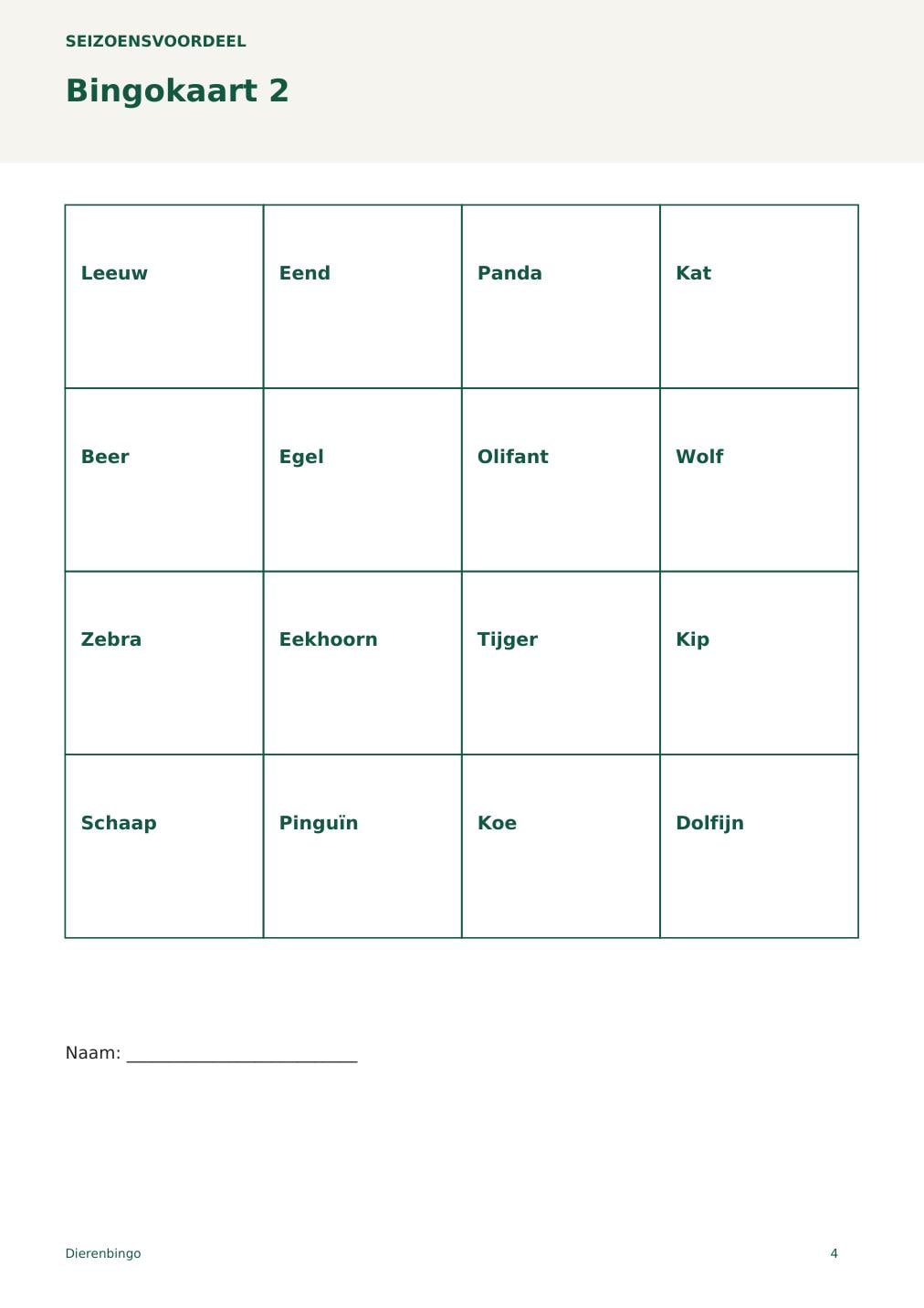 Dierenbingo – printbare A4 PDF in het Nederlands – digitale download