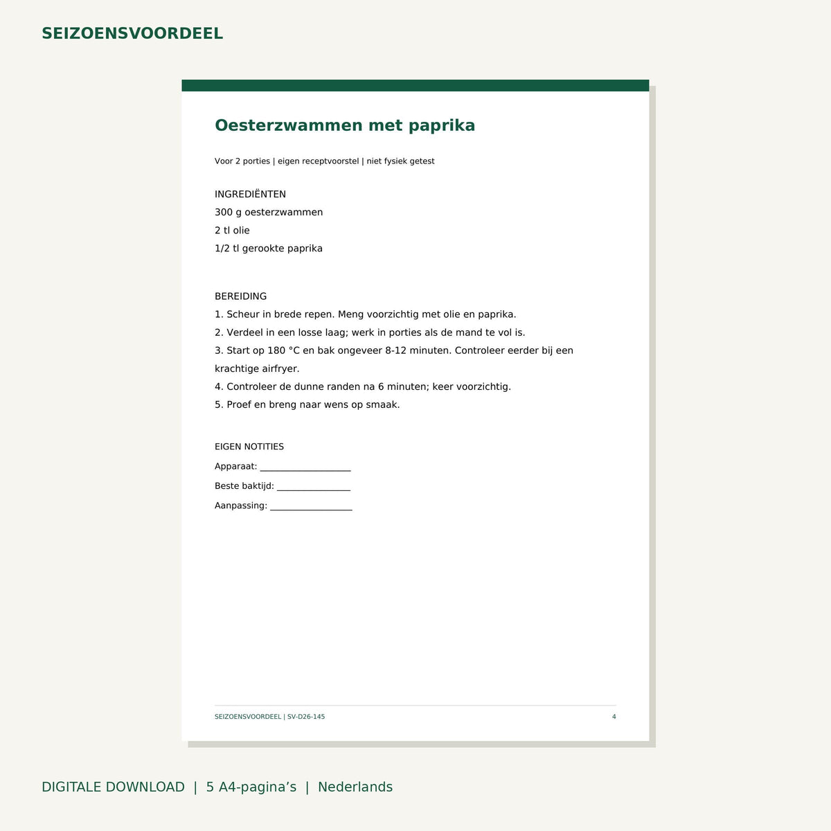 Airfryer recepten - Paddenstoelen bijgerechten | Nederlandse A4 PDF | Digitale download