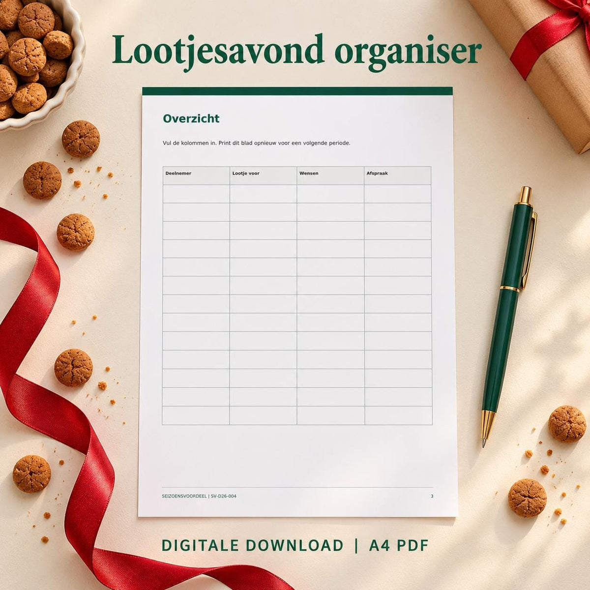 Lootjesavond organiser | Nederlandse A4 PDF | Digitale download