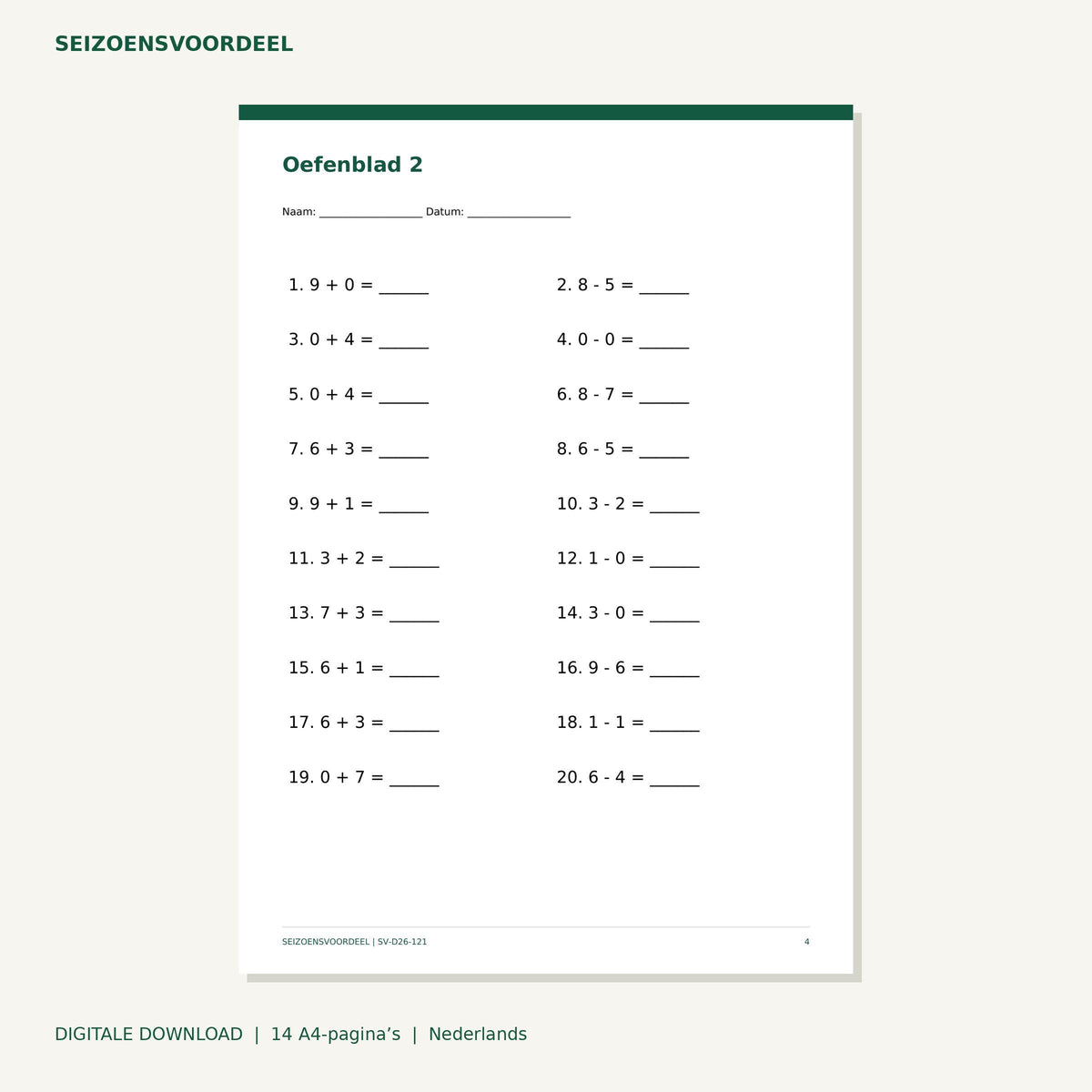 Rekenbladen optellen en aftrekken tot 10 | Nederlandse A4 PDF | Digitale download