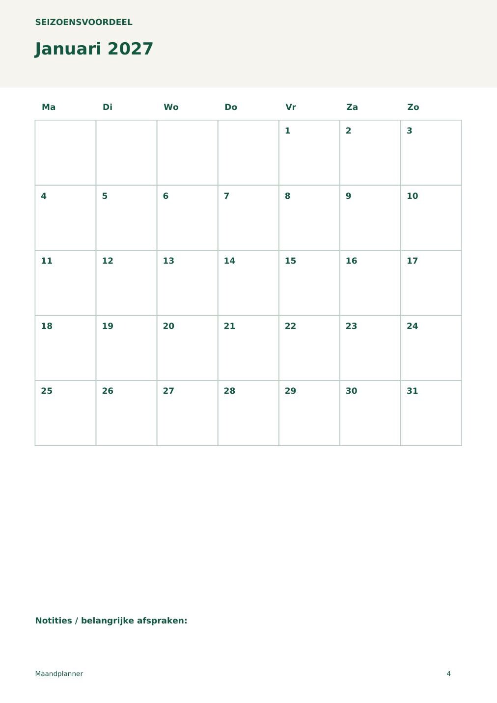 Maandplanner – printbare A4 PDF in het Nederlands – digitale download