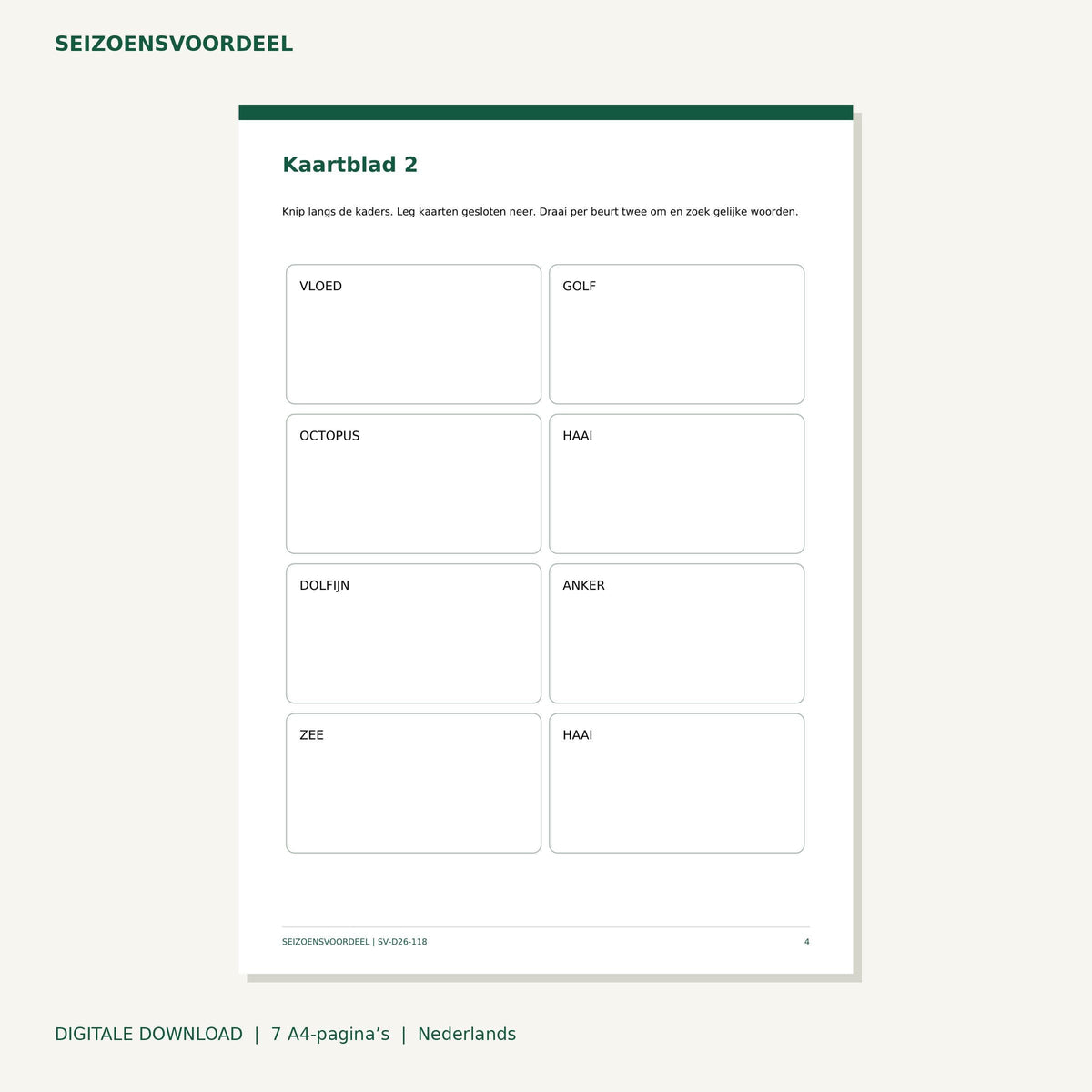 Oceaan memory woordparen | Nederlandse A4 PDF | Digitale download