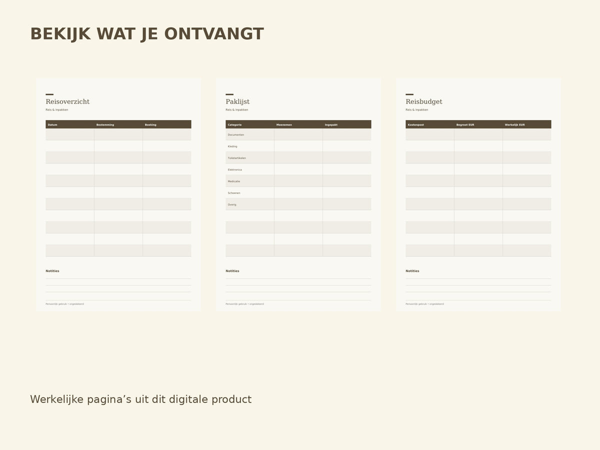 Reis & inpakken — printbare planner inhoud