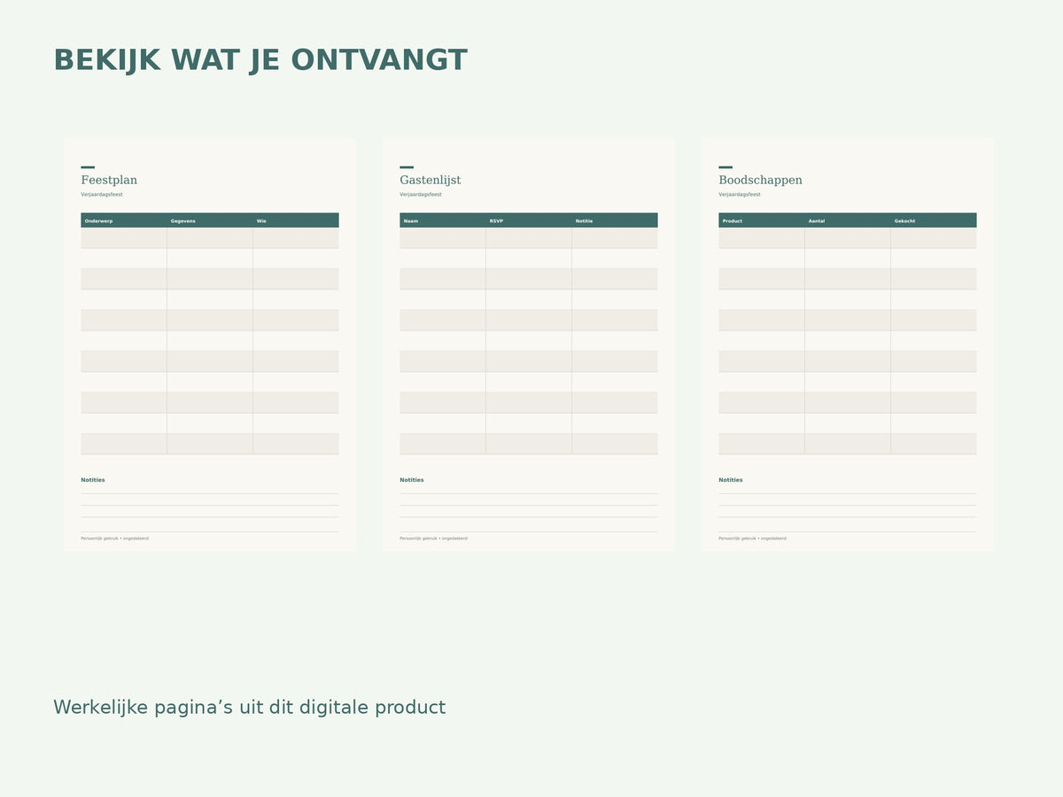 Verjaardagsfeest — printbare planner inhoud