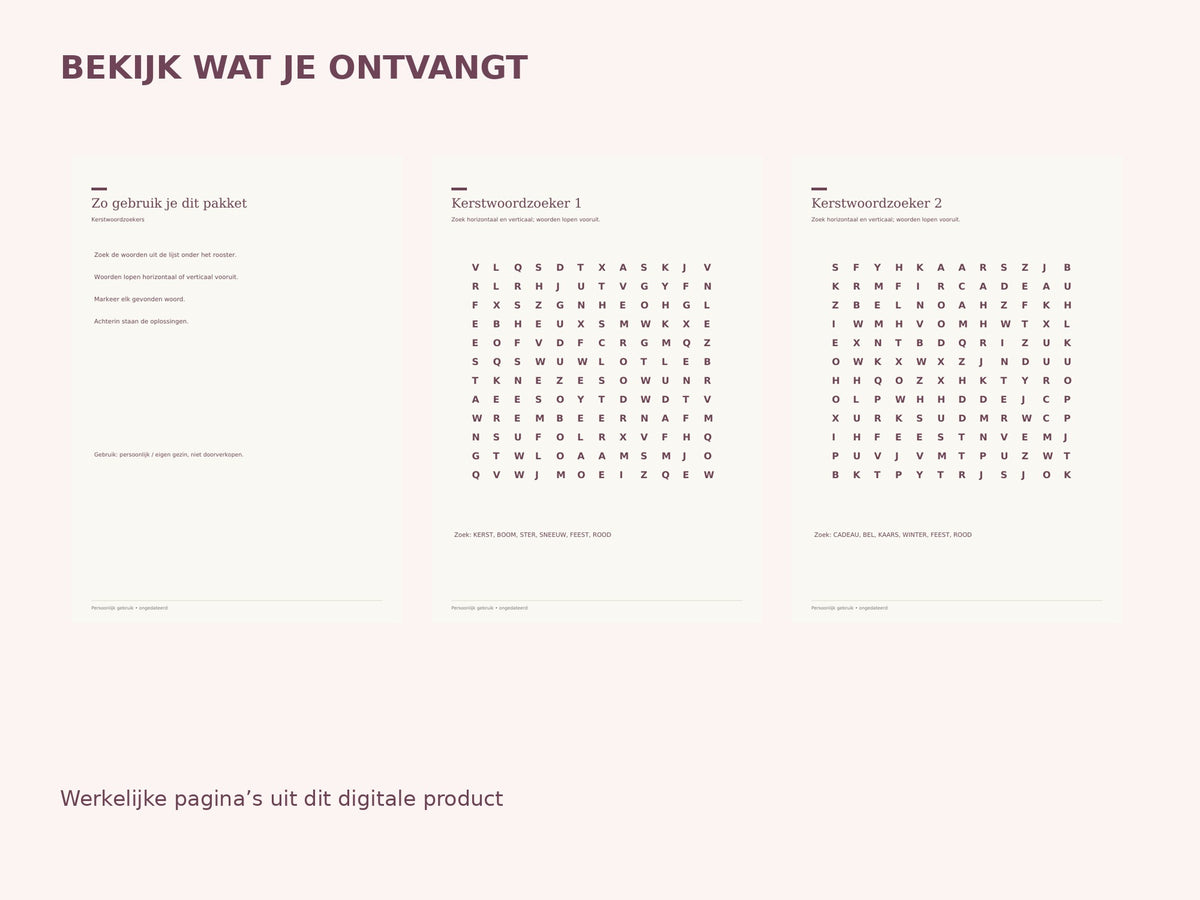 Kerstwoordzoekers — printbaar pakket inhoud