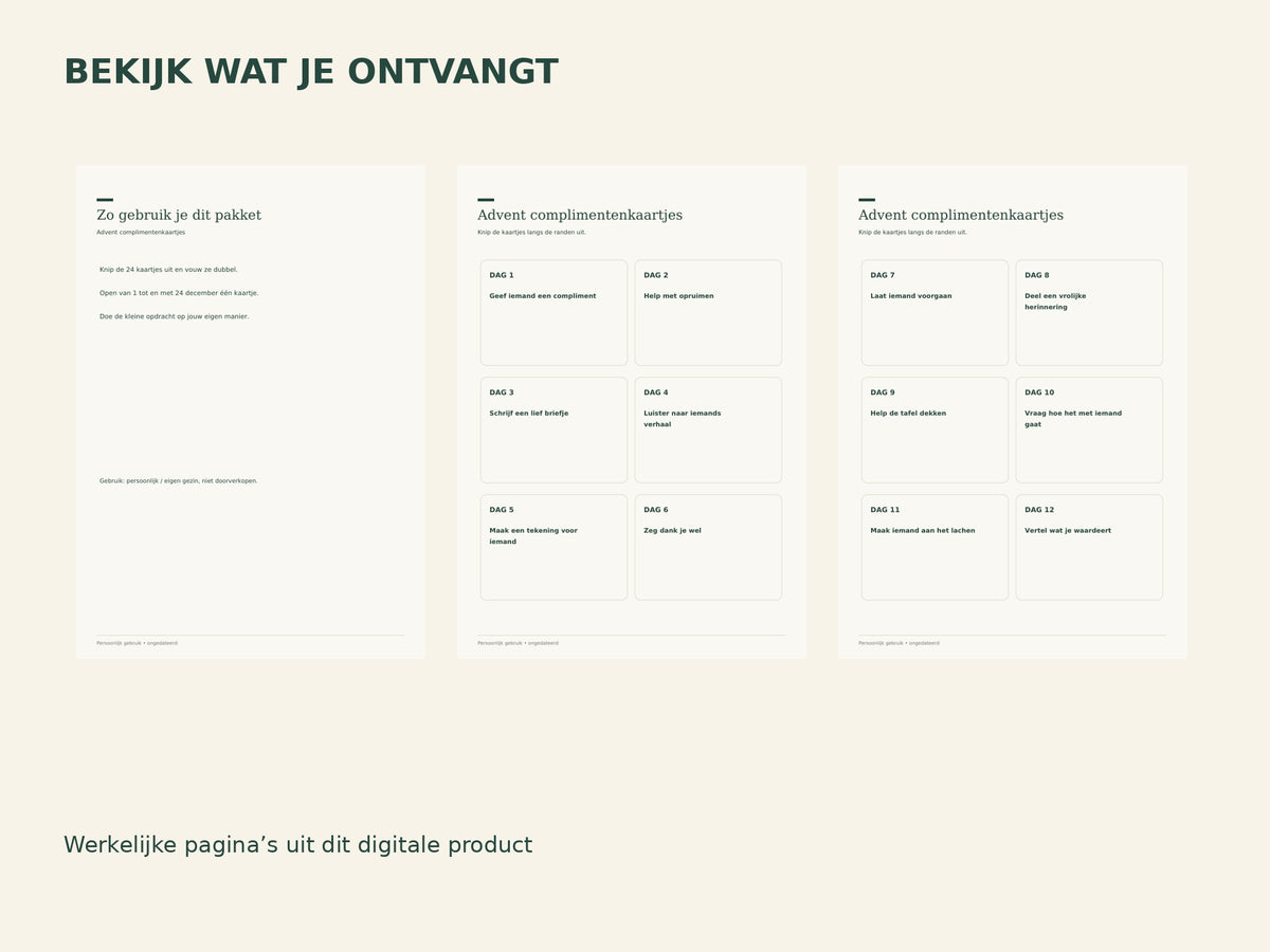 Advent complimentenkaartjes — printbaar pakket inhoud