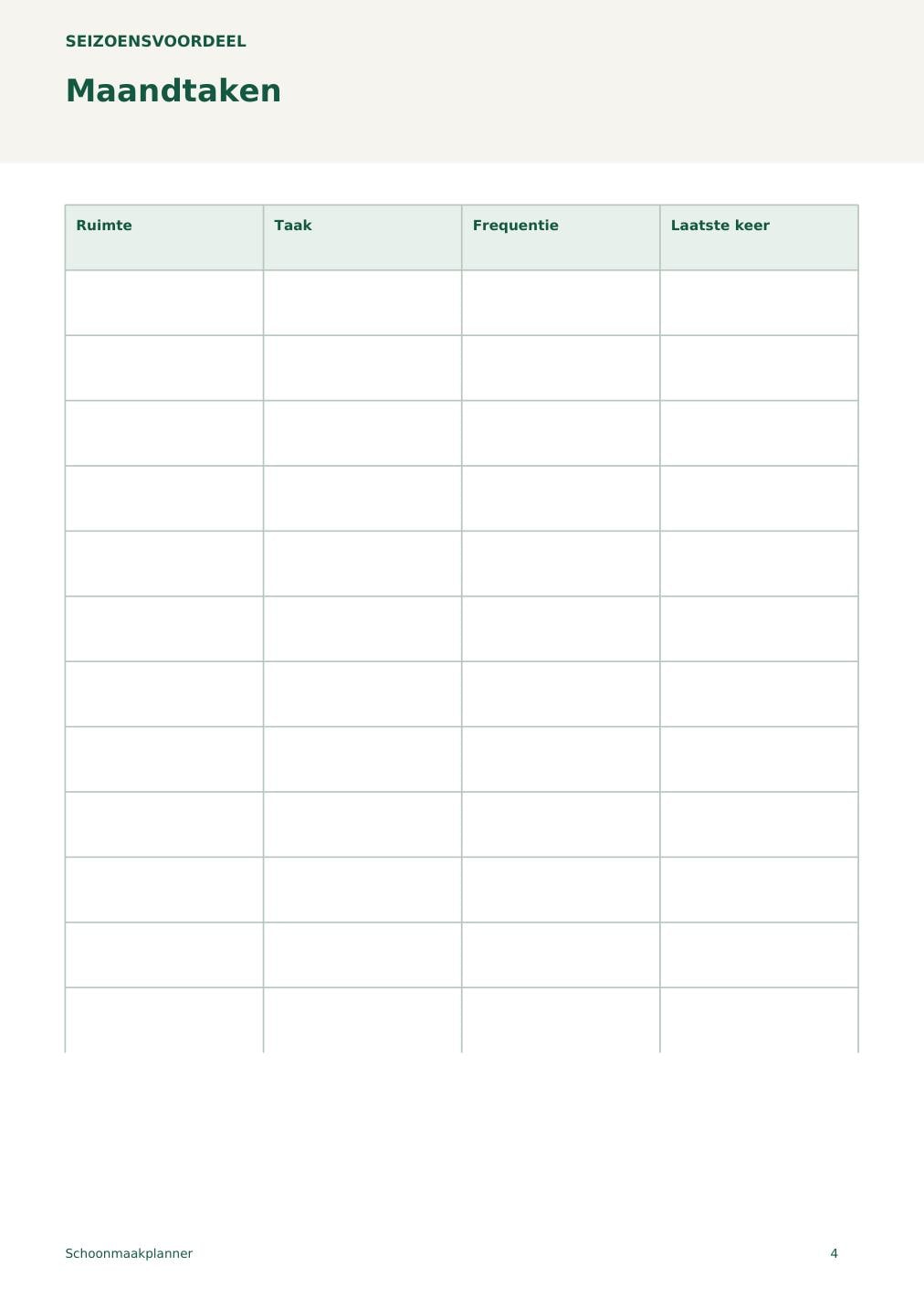 Schoonmaakplanner – printbare A4 PDF in het Nederlands – digitale download