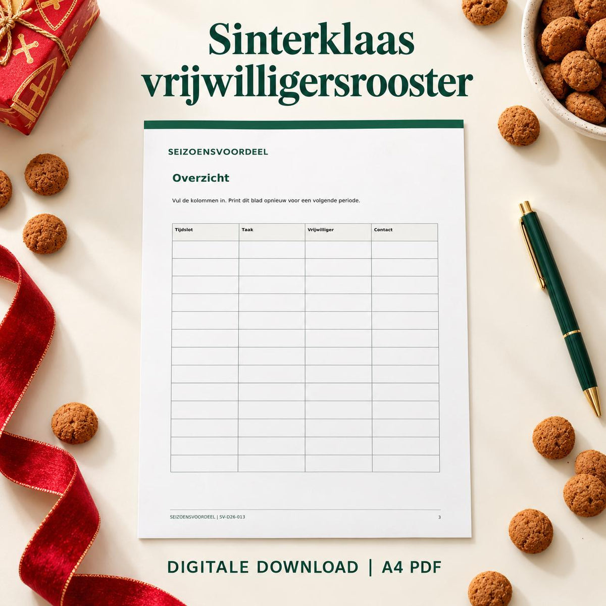 Sinterklaas vrijwilligersrooster | Nederlandse A4 PDF | Digitale download