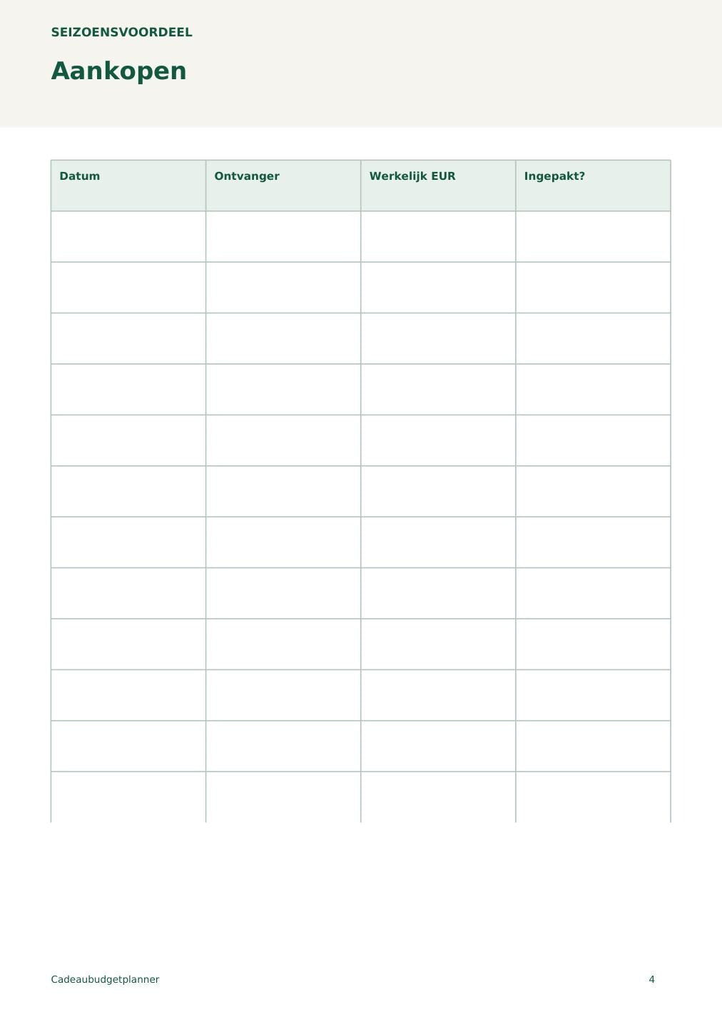 Cadeaubudgetplanner – printbare A4 PDF in het Nederlands – digitale download