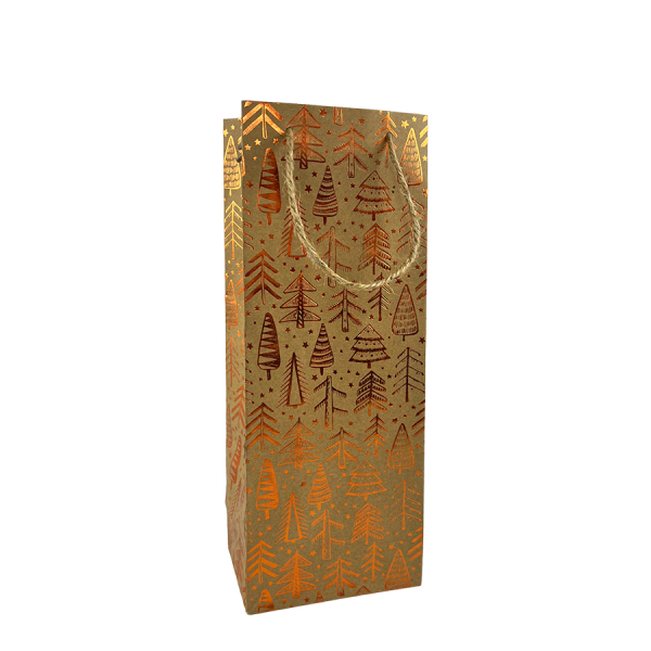 Cadeautas Fles Kraft Kerstpatroon Koper 10x10x35cm