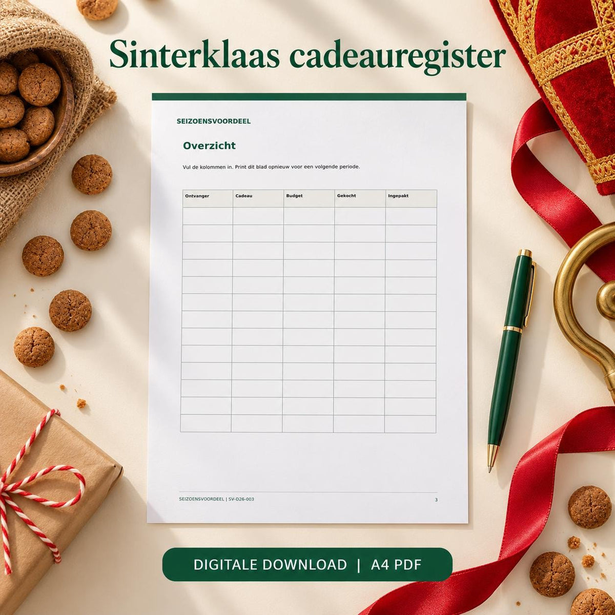 Sinterklaas cadeauregister | Nederlandse A4 PDF | Digitale download