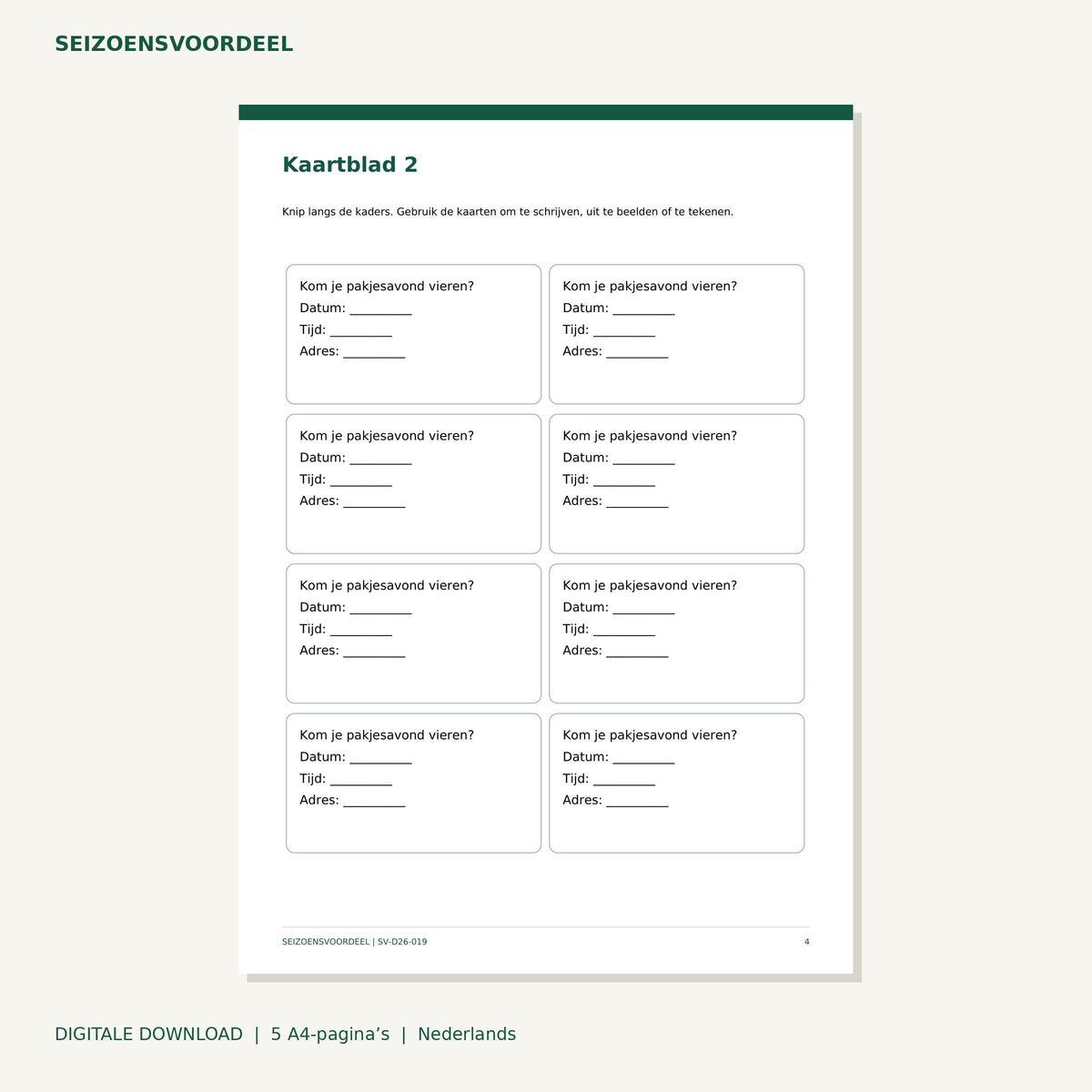 Uitnodiging pakjesavond | Nederlandse A4 PDF | Digitale download