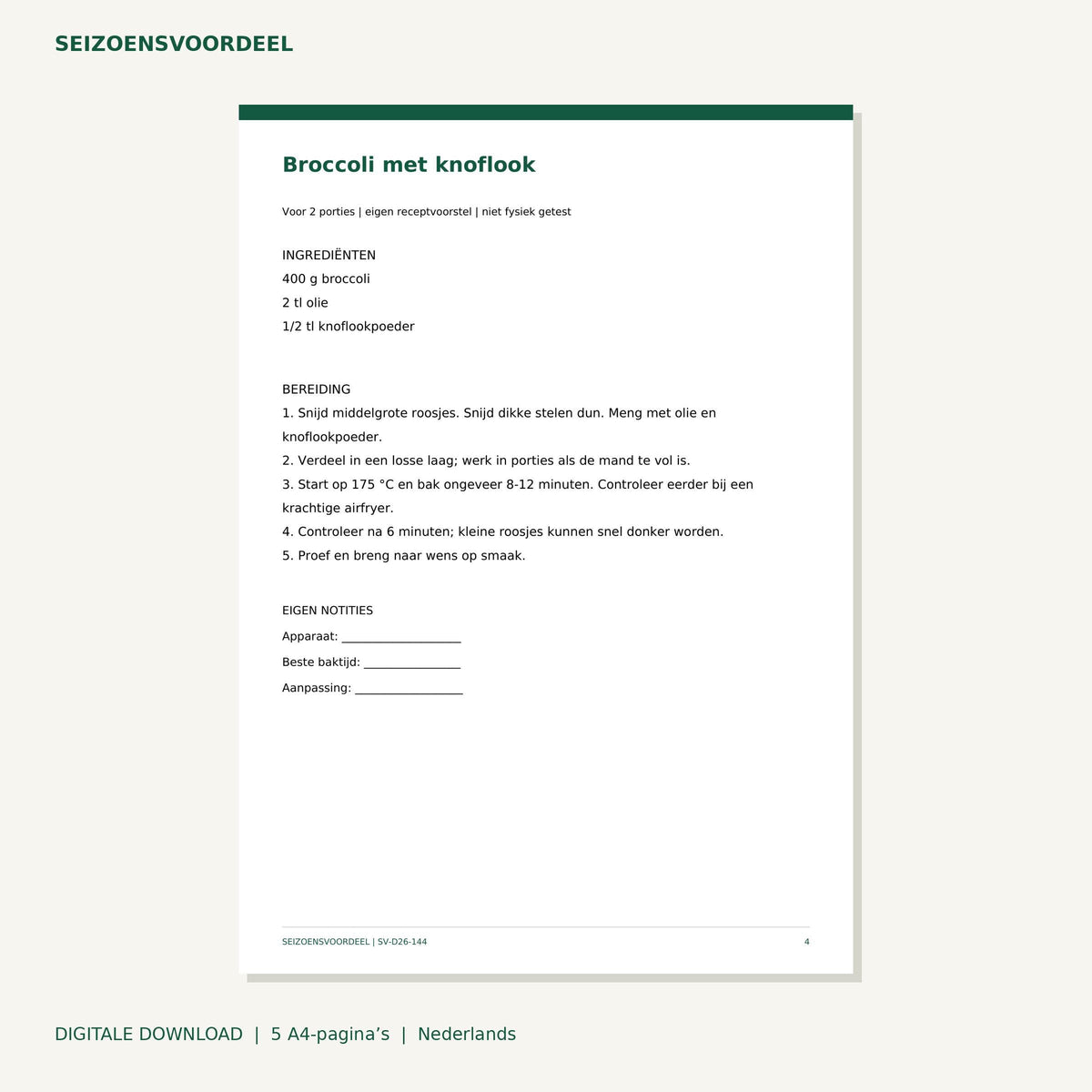 Airfryer recepten - Groene en witte groenten | Nederlandse A4 PDF | Digitale download