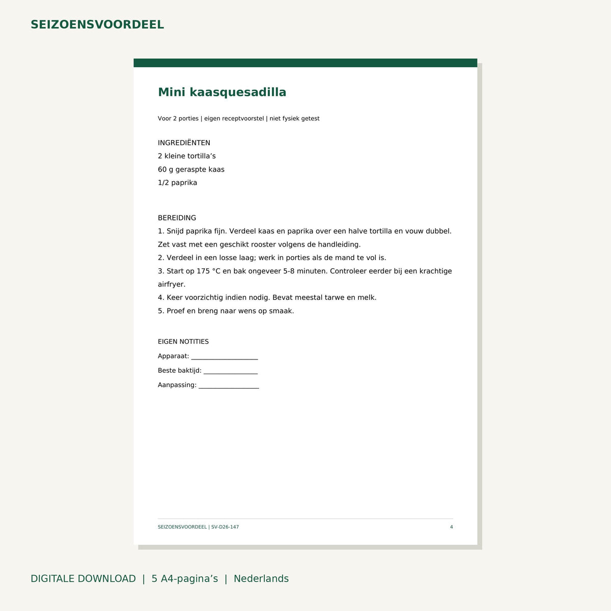 Airfryer recepten - Warme kaassnacks | Nederlandse A4 PDF | Digitale download