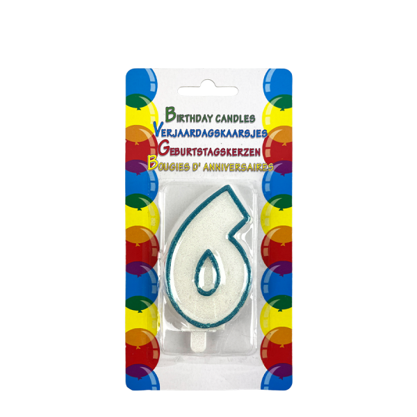 Verjaardagskaars Glitter Met Houder Cijfer 6 Blauw 8cm