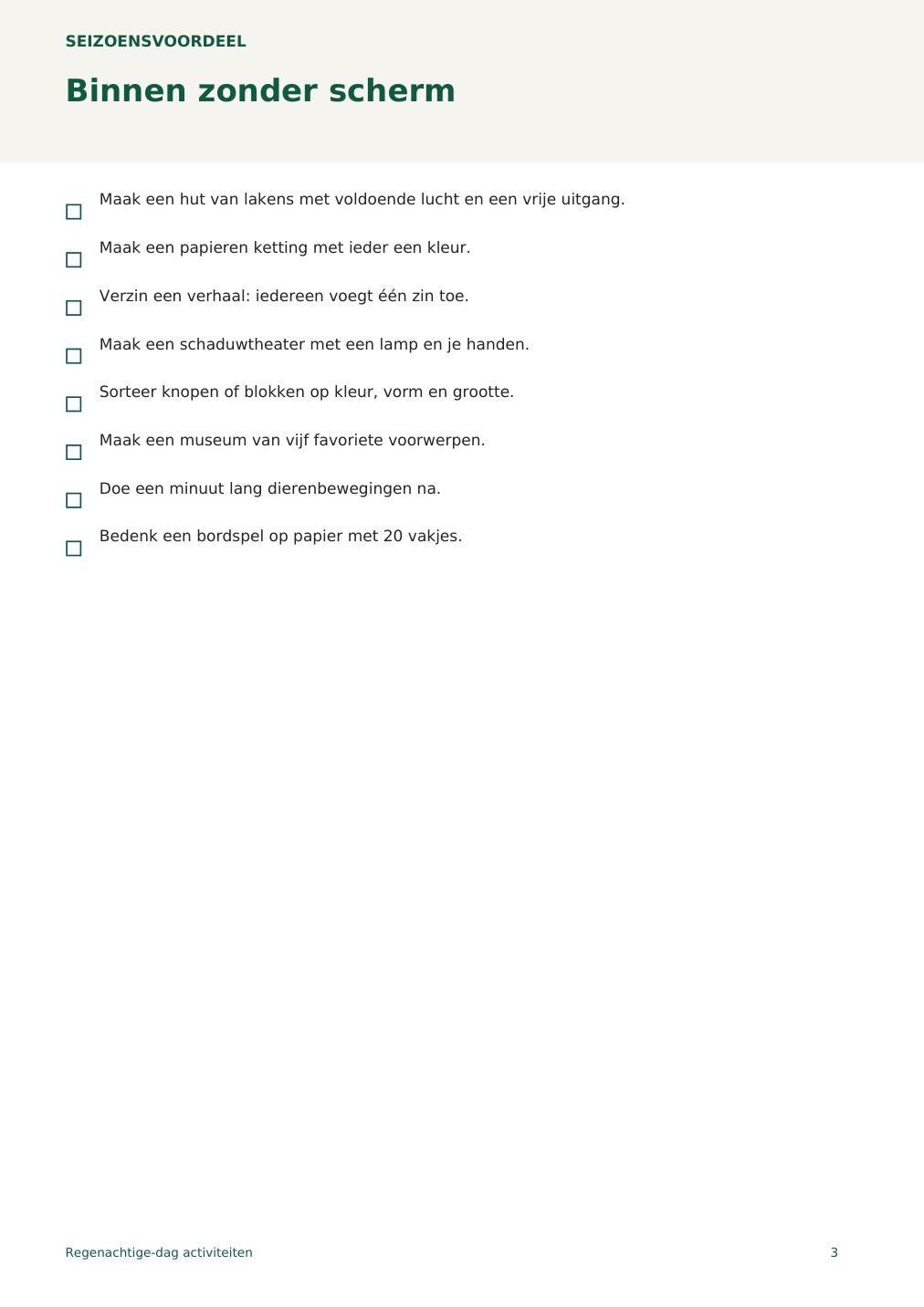 Regenachtige-dag activiteiten – printbare A4 PDF in het Nederlands – digitale download
