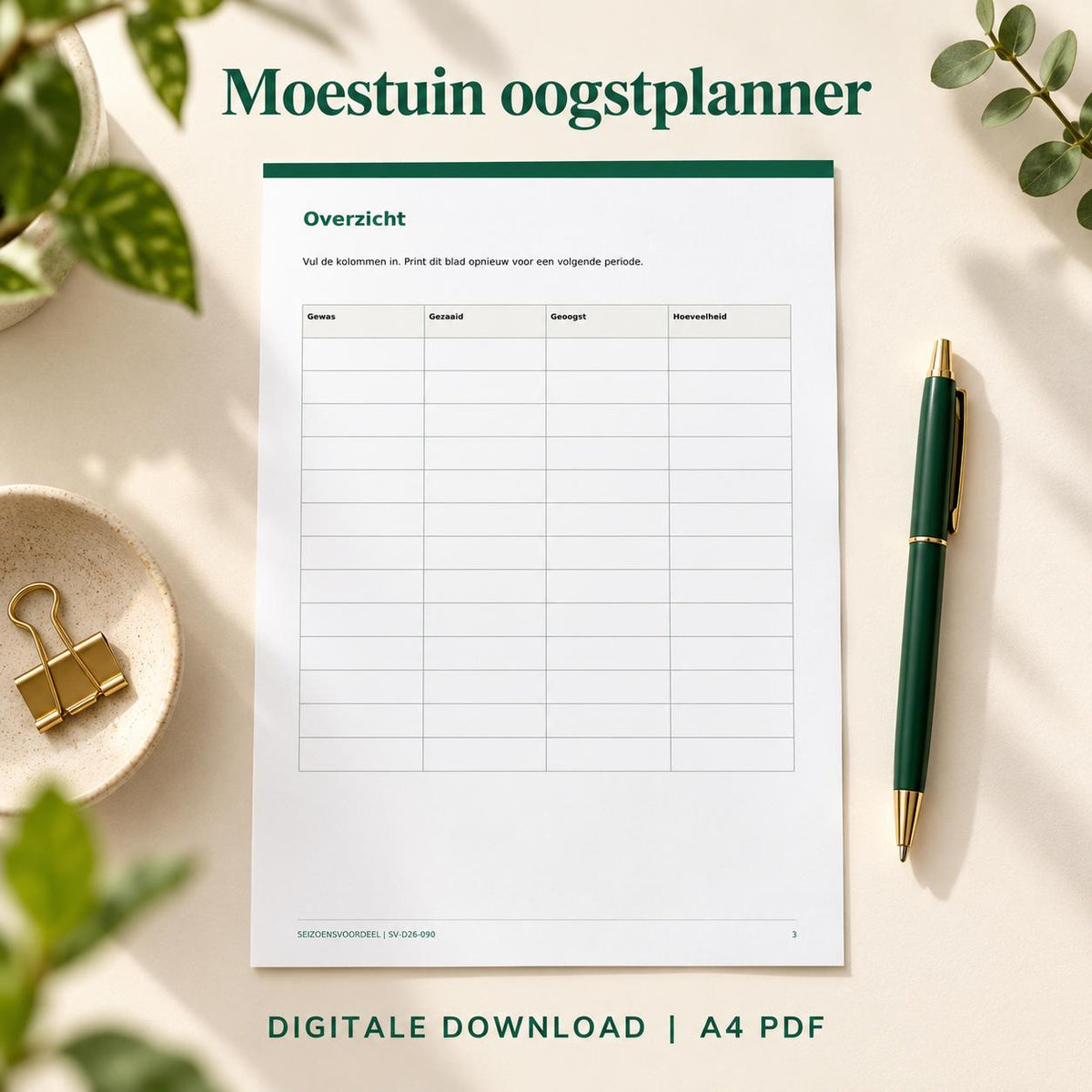 Moestuin oogstplanner | Nederlandse A4 PDF | Digitale download