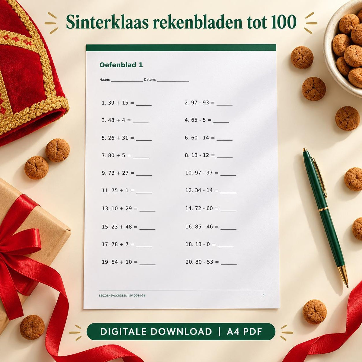 Sinterklaas rekenbladen tot 100 | Nederlandse A4 PDF | Digitale download