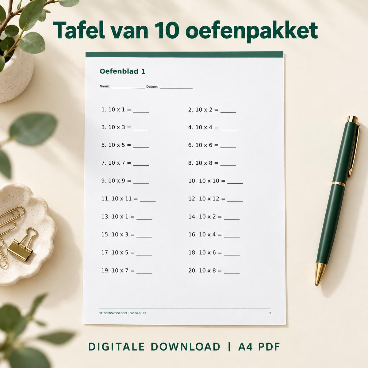 Tafel van 10 oefenpakket | Nederlandse A4 PDF | Digitale download