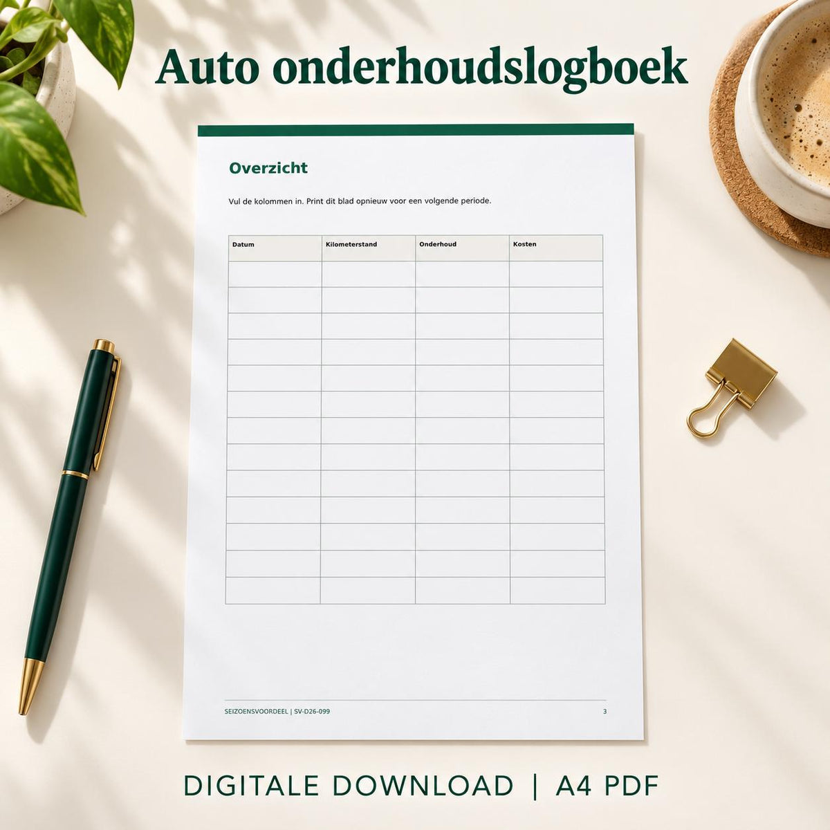 Auto onderhoudslogboek | Nederlandse A4 PDF | Digitale download