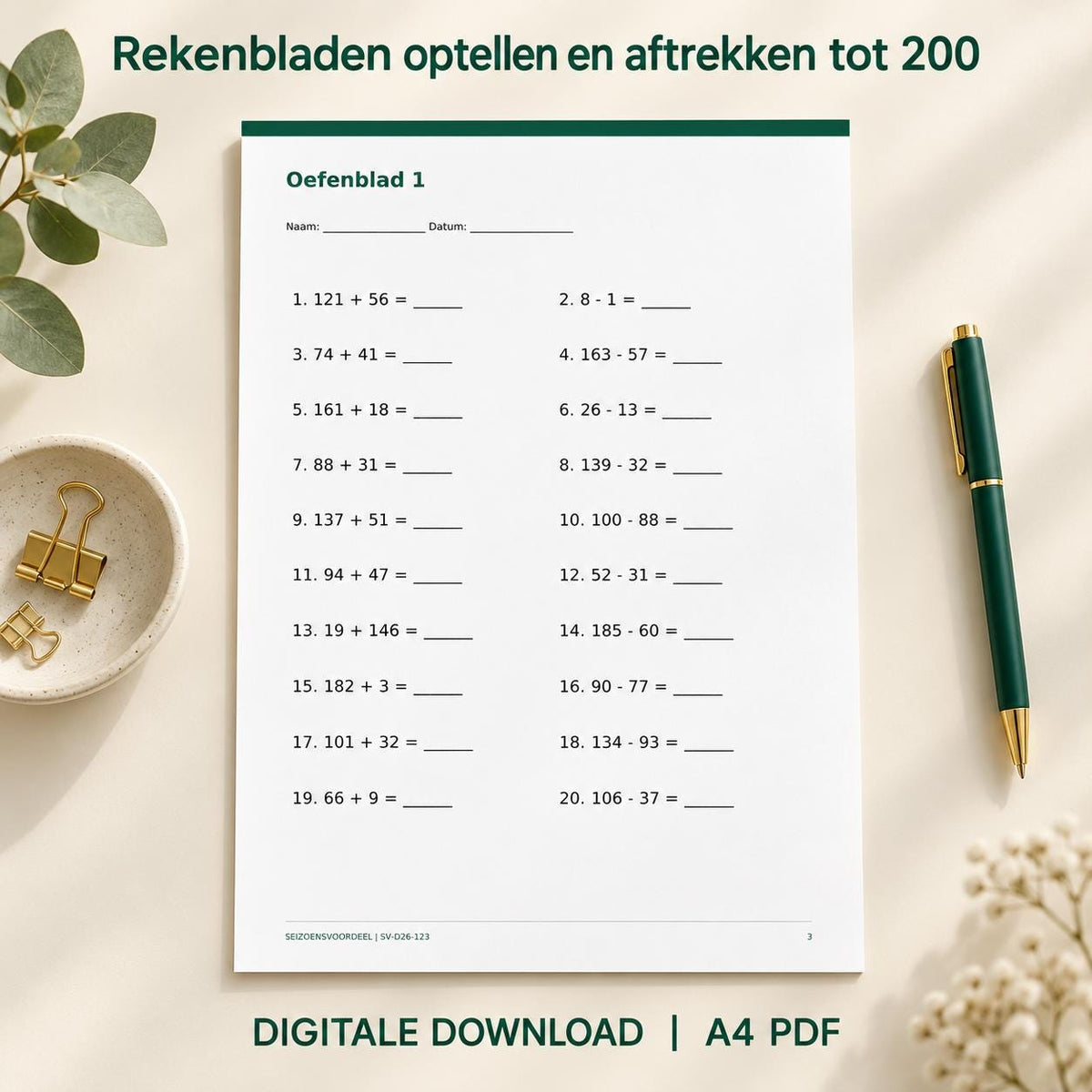 Rekenbladen optellen en aftrekken tot 200 | Nederlandse A4 PDF | Digitale download