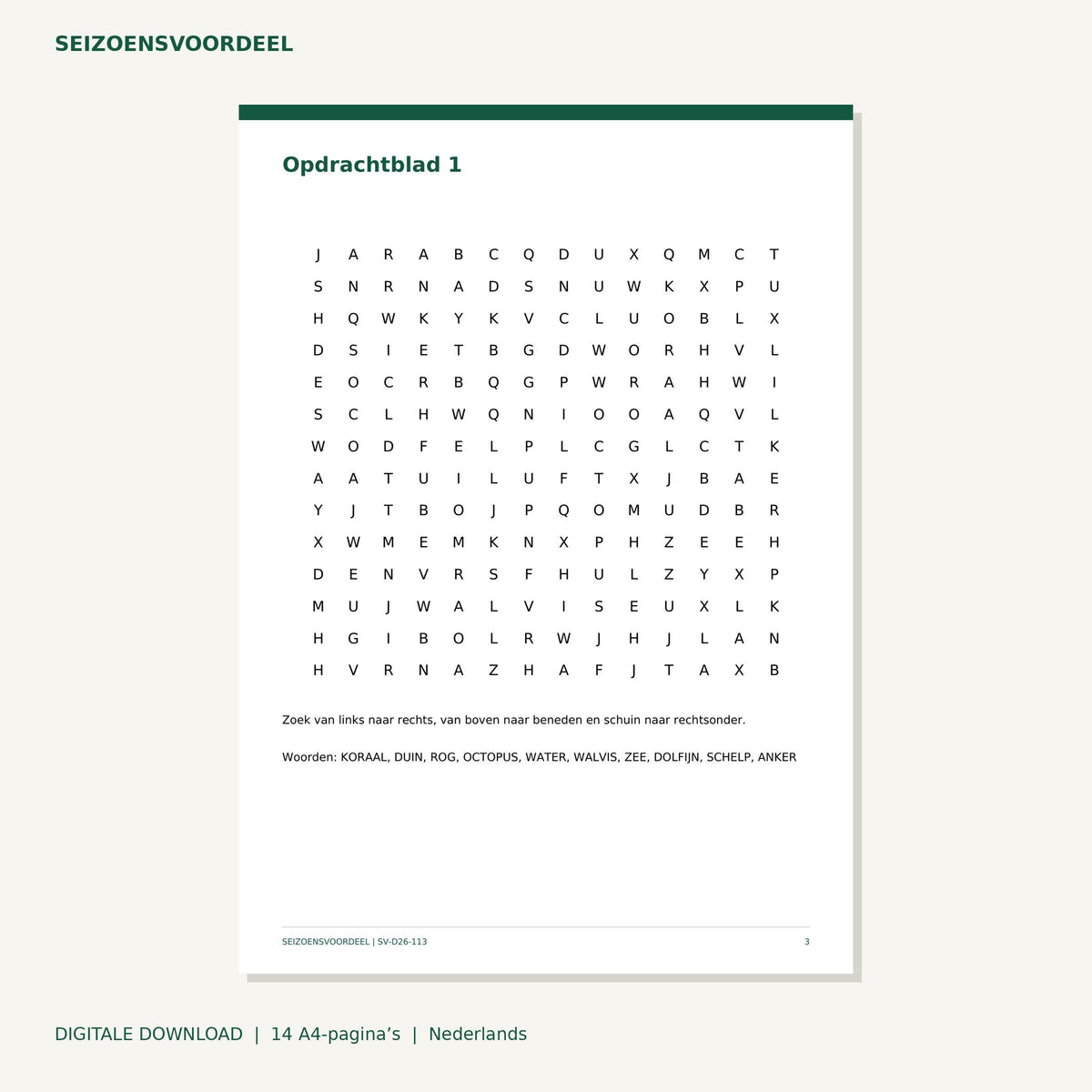 Oceaan woordenzoekers | Nederlandse A4 PDF | Digitale download