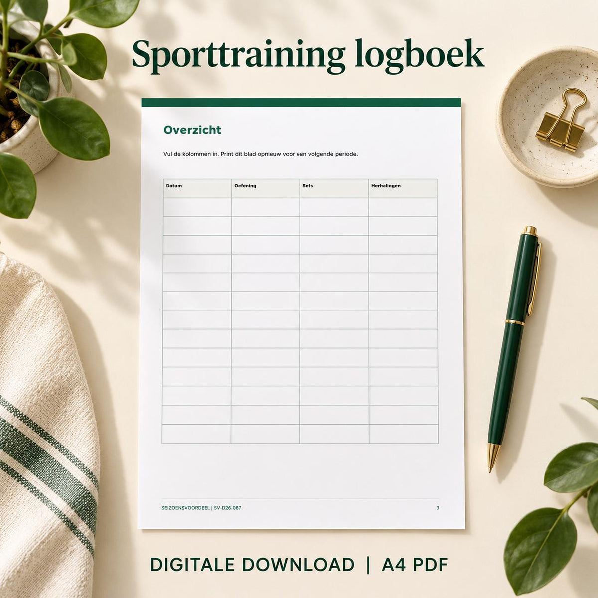Sporttraining logboek | Nederlandse A4 PDF | Digitale download
