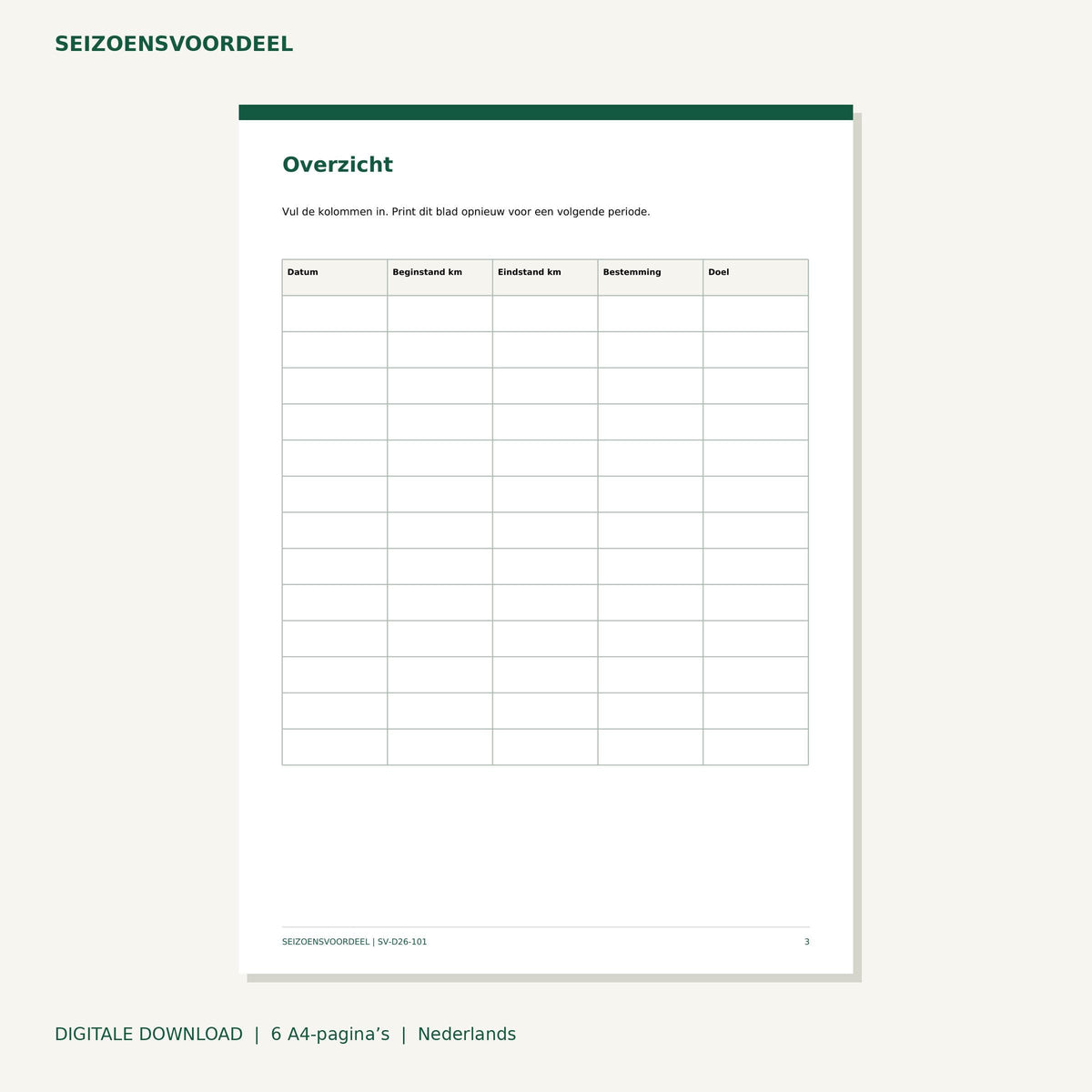 Zakelijke rittenregistratie invulbladen | Nederlandse A4 PDF | Digitale download
