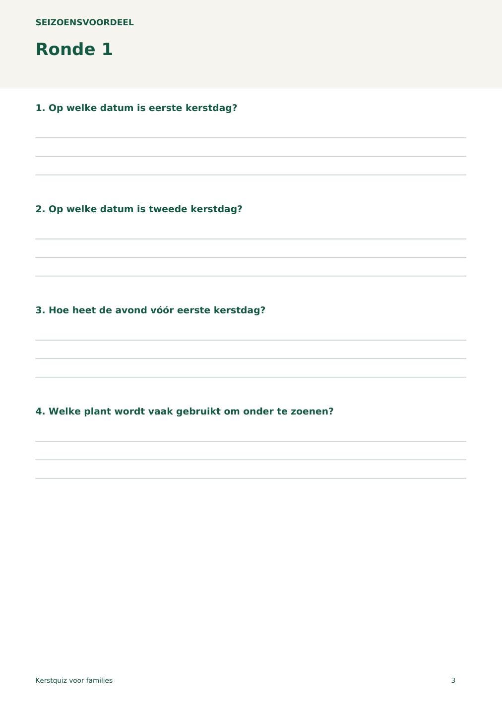 Kerstquiz voor families – printbare A4 PDF in het Nederlands – digitale download