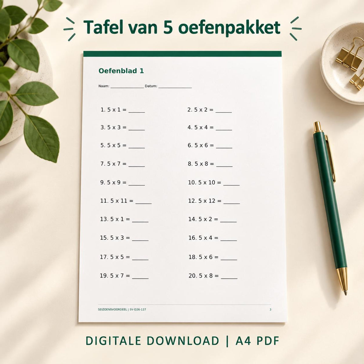 Tafel van 5 oefenpakket | Nederlandse A4 PDF | Digitale download