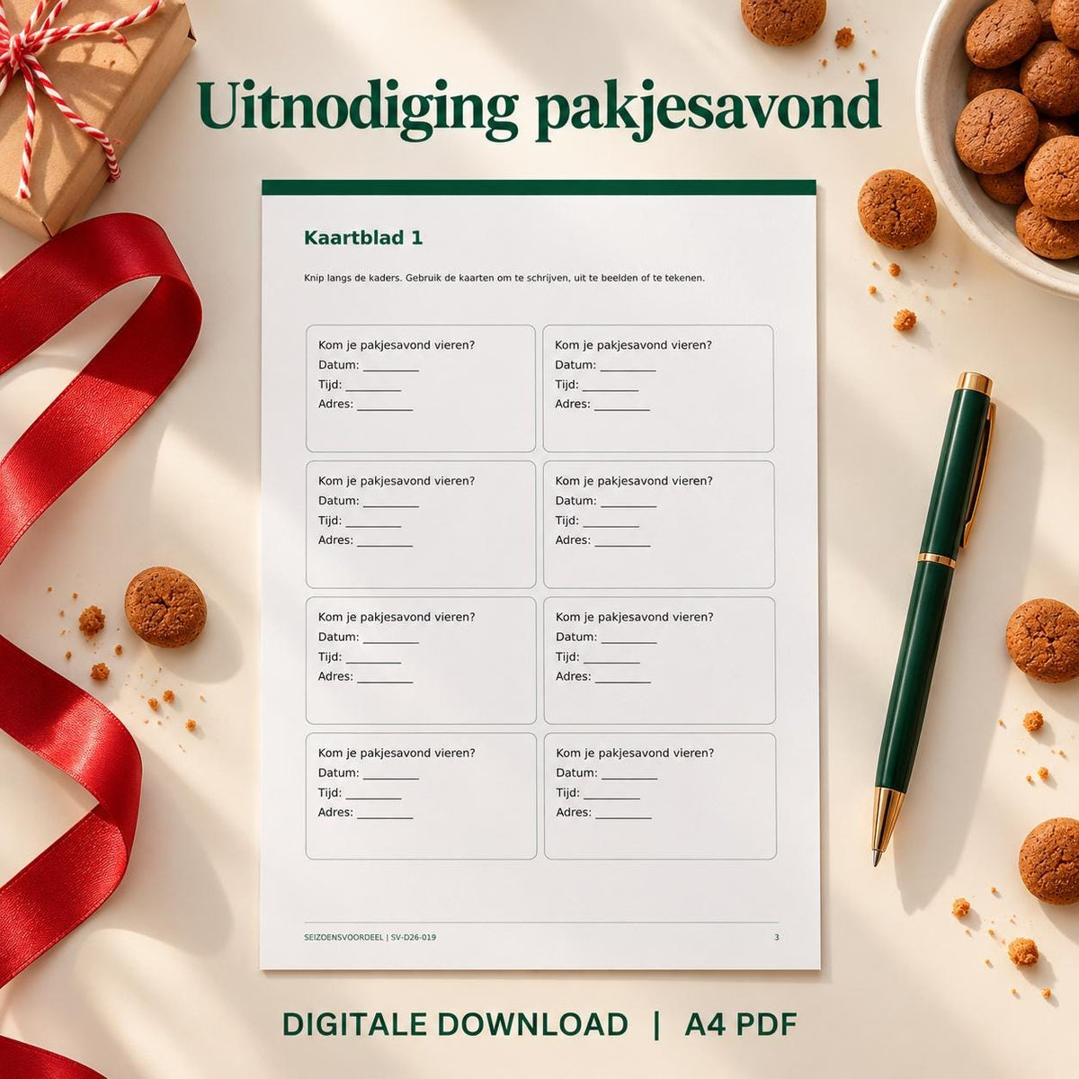 Uitnodiging pakjesavond | Nederlandse A4 PDF | Digitale download