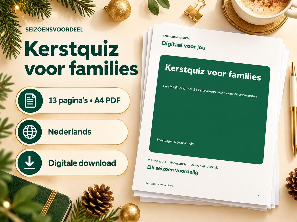 Kerstquiz voor families – printbare A4 PDF in het Nederlands – digitale download