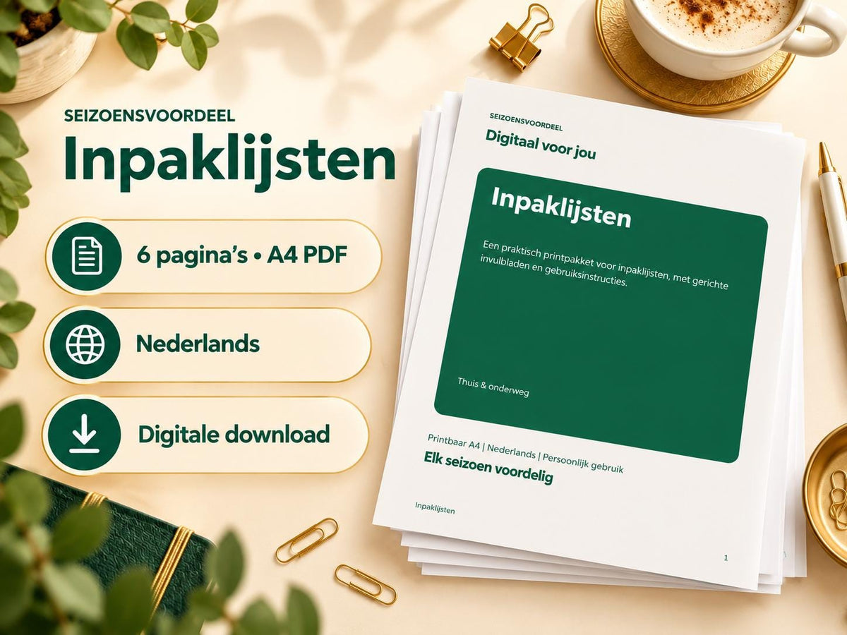 Inpaklijsten – printbare A4 PDF in het Nederlands – digitale download