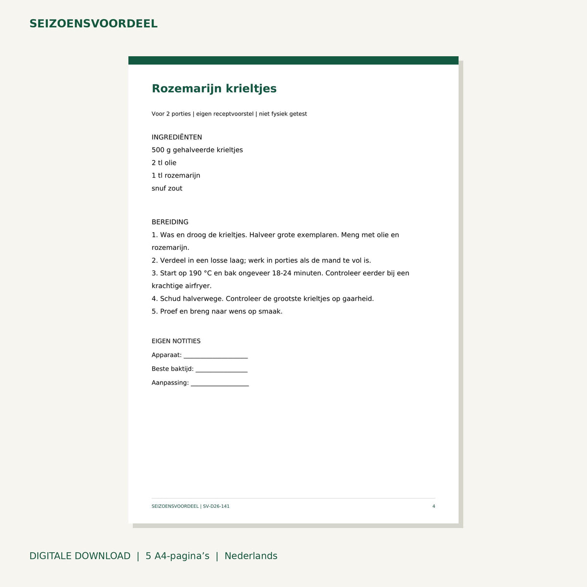 Airfryer recepten - Aardappel bijgerechten | Nederlandse A4 PDF | Digitale download