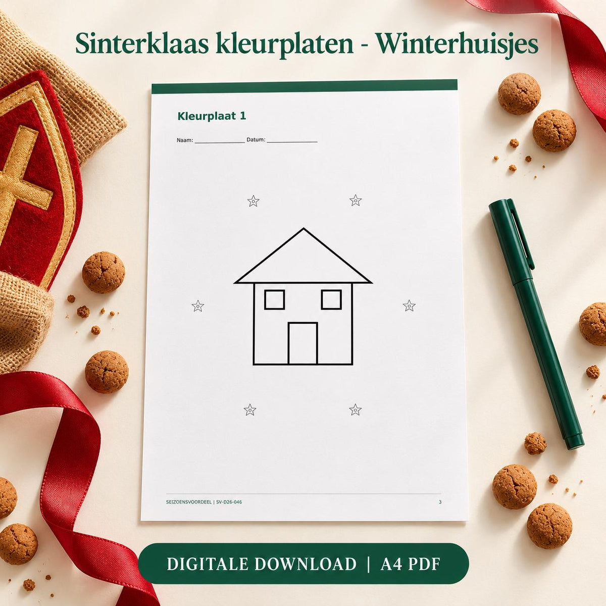Sinterklaas kleurplaten - Winterhuisjes | Nederlandse A4 PDF | Digitale download