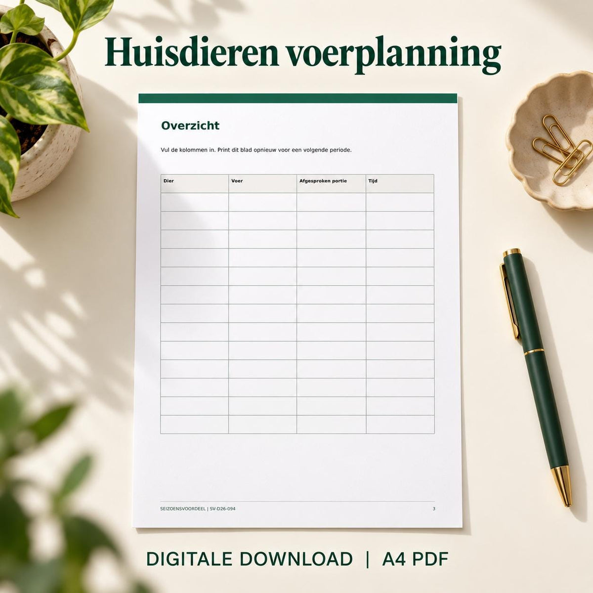 Huisdieren voerplanning | Nederlandse A4 PDF | Digitale download