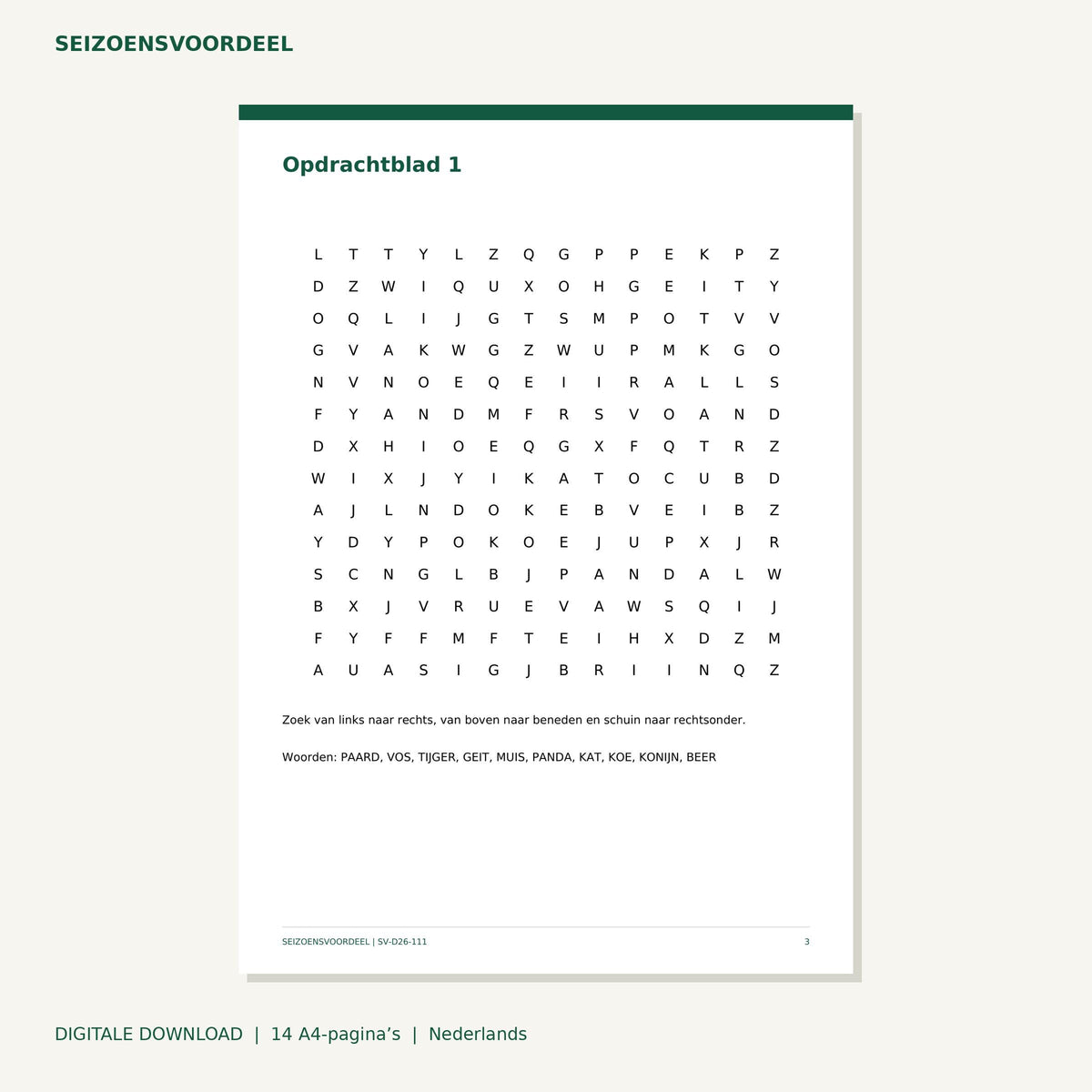 Dieren woordenzoekers | Nederlandse A4 PDF | Digitale download