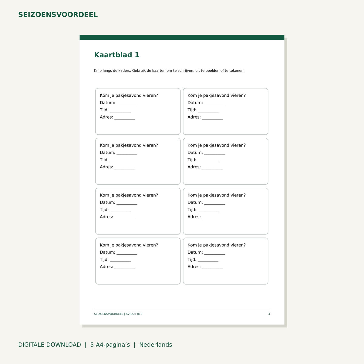 Uitnodiging pakjesavond | Nederlandse A4 PDF | Digitale download