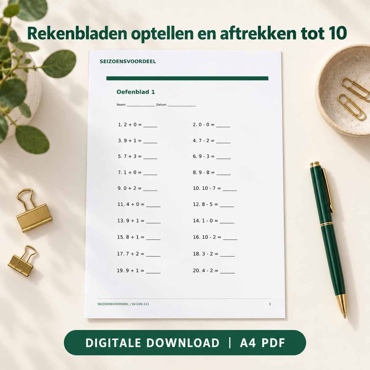 Rekenbladen optellen en aftrekken tot 10 | Nederlandse A4 PDF | Digitale download