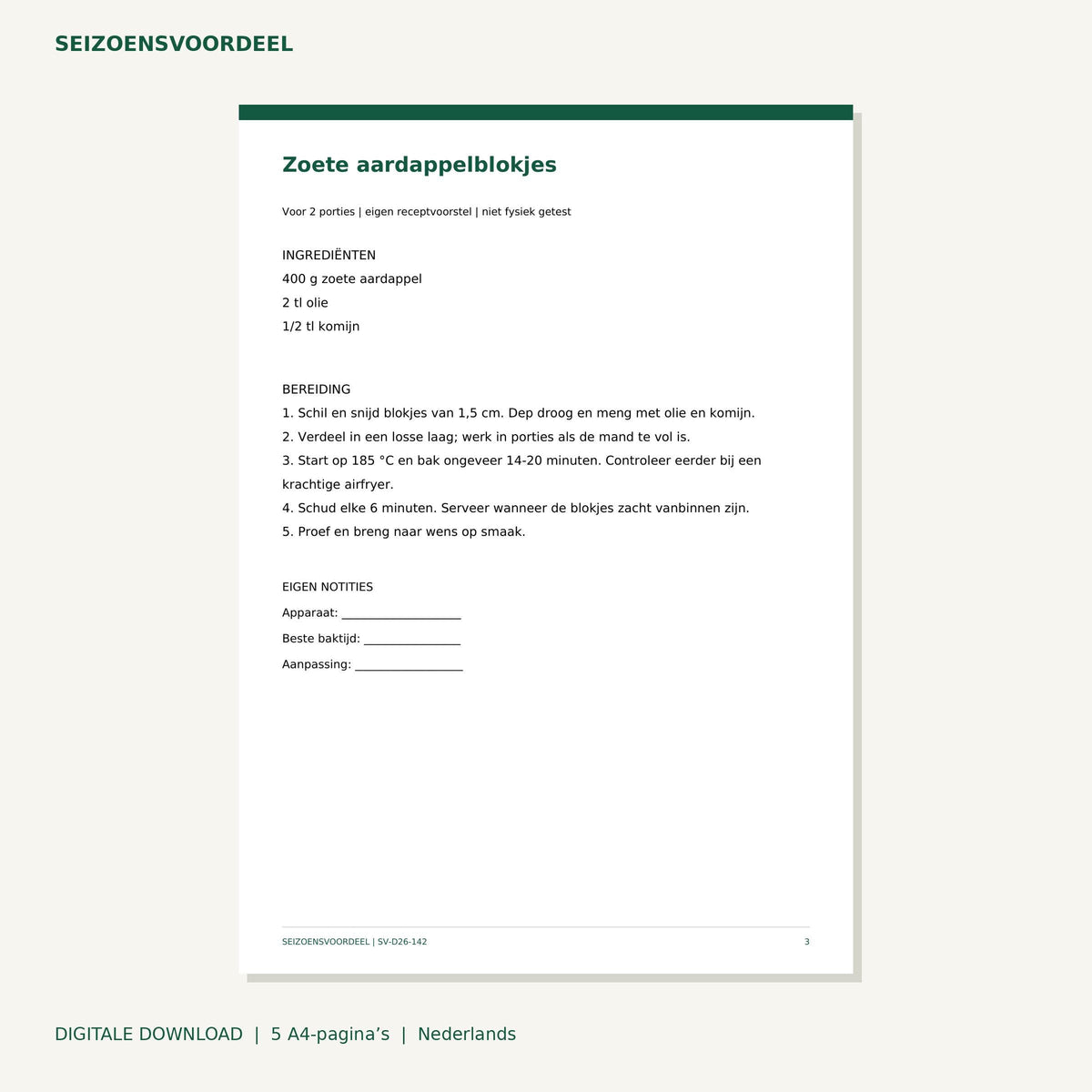Airfryer recepten - Oranje groentefriet | Nederlandse A4 PDF | Digitale download