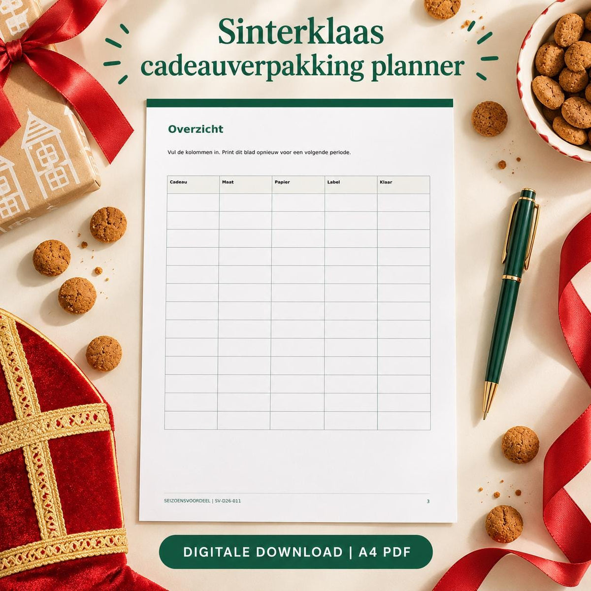 Sinterklaas cadeauverpakking planner | Nederlandse A4 PDF | Digitale download