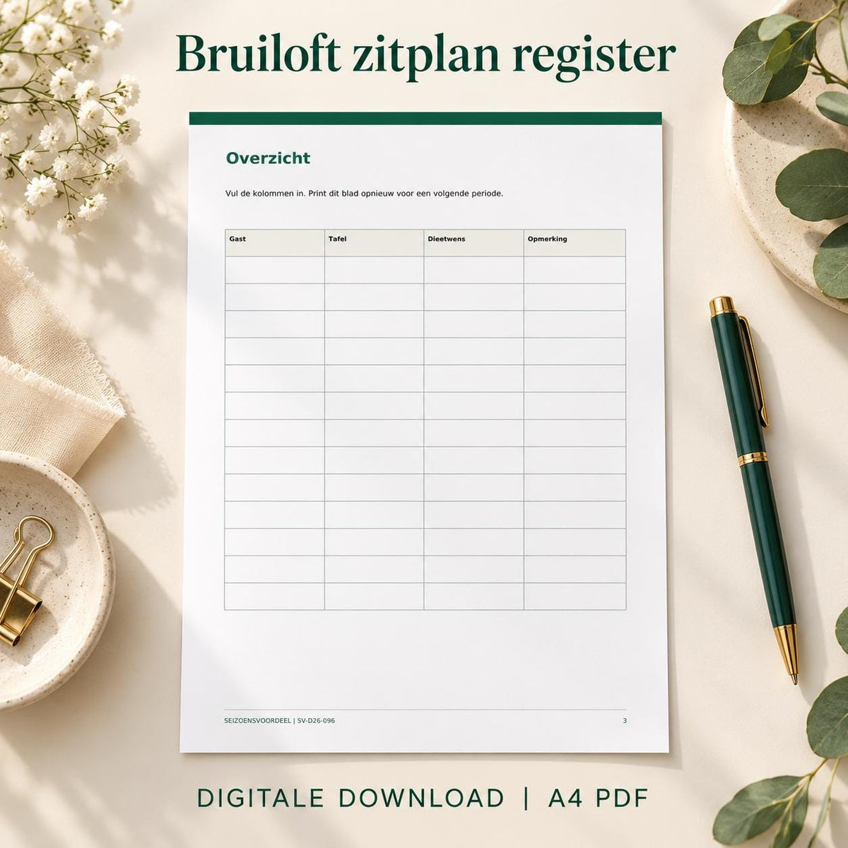 Bruiloft zitplan register | Nederlandse A4 PDF | Digitale download