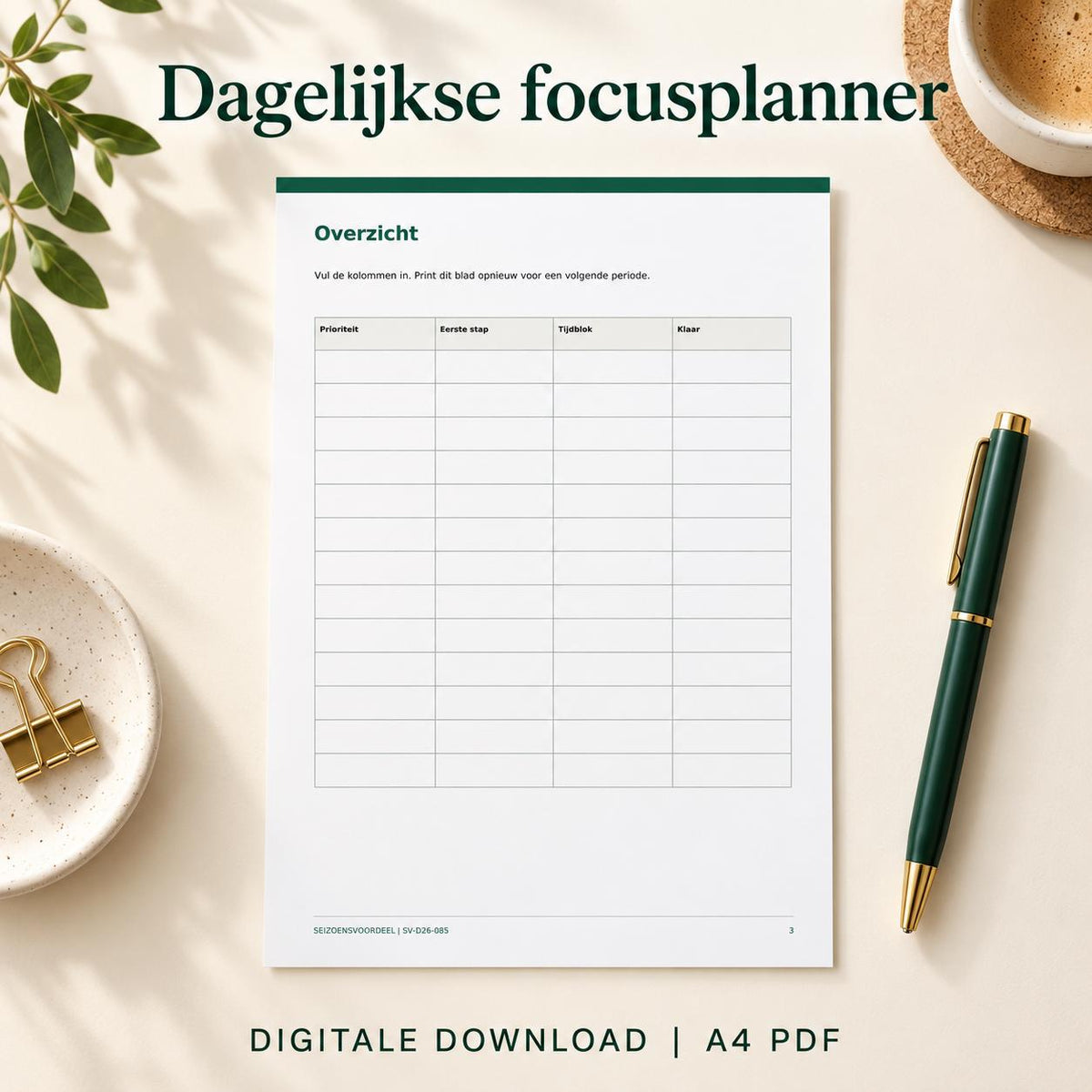 Dagelijkse focusplanner | Nederlandse A4 PDF | Digitale download