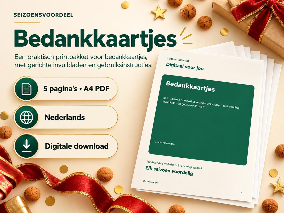 Bedankkaartjes – printbare A4 PDF in het Nederlands – digitale download
