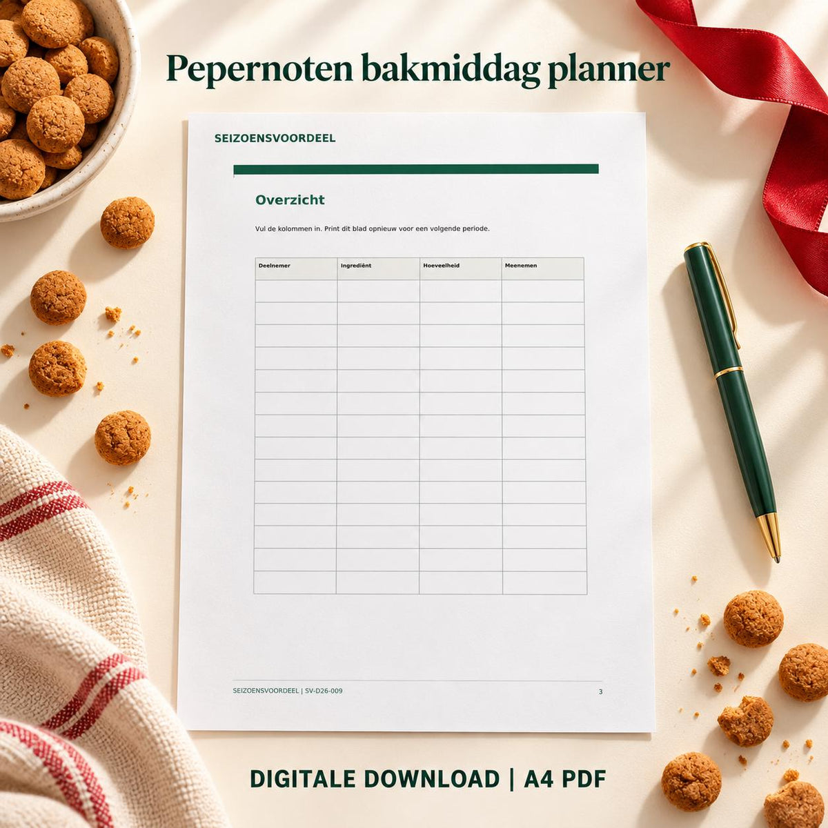 Pepernoten bakmiddag planner | Nederlandse A4 PDF | Digitale download