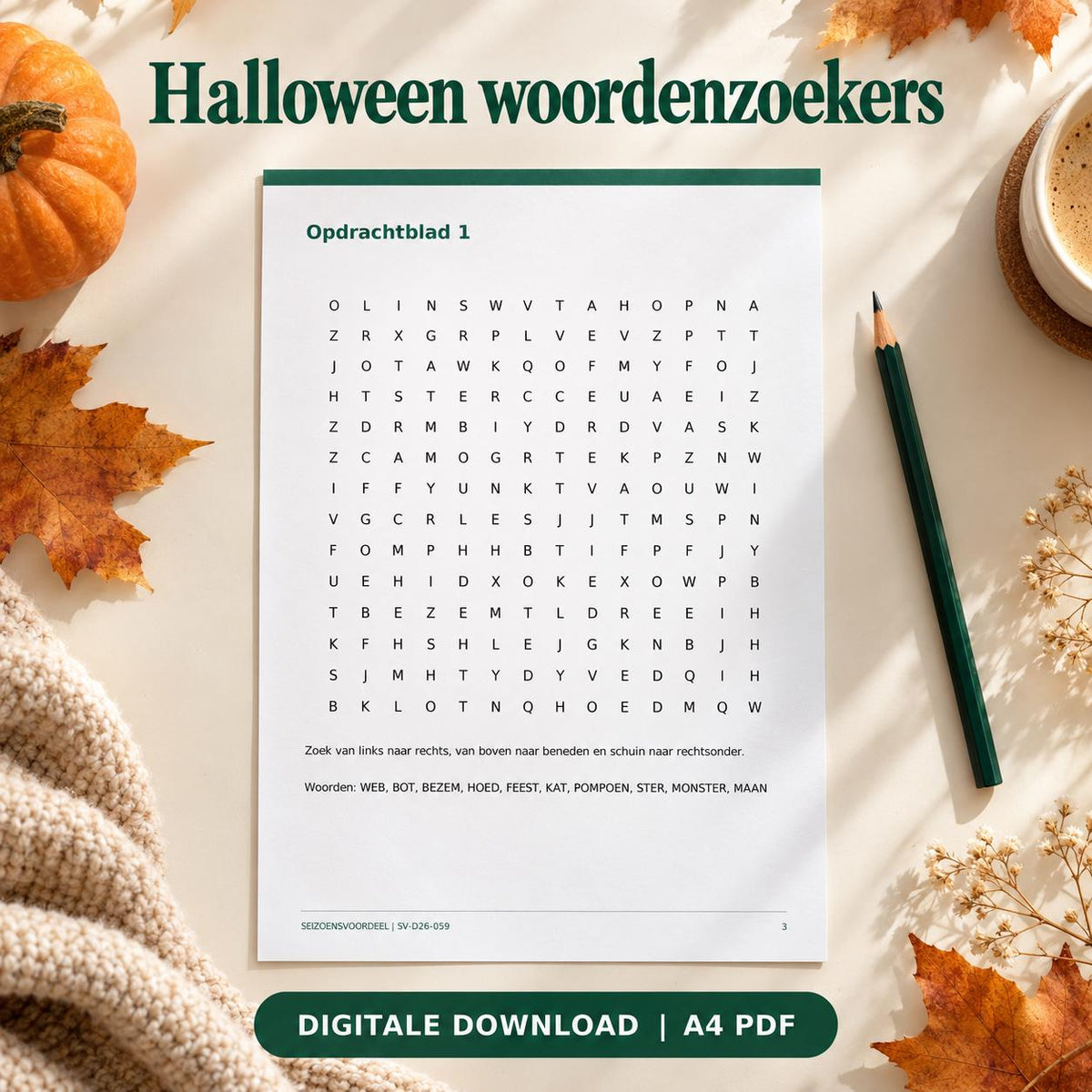 Halloween woordenzoekers | Nederlandse A4 PDF | Digitale download