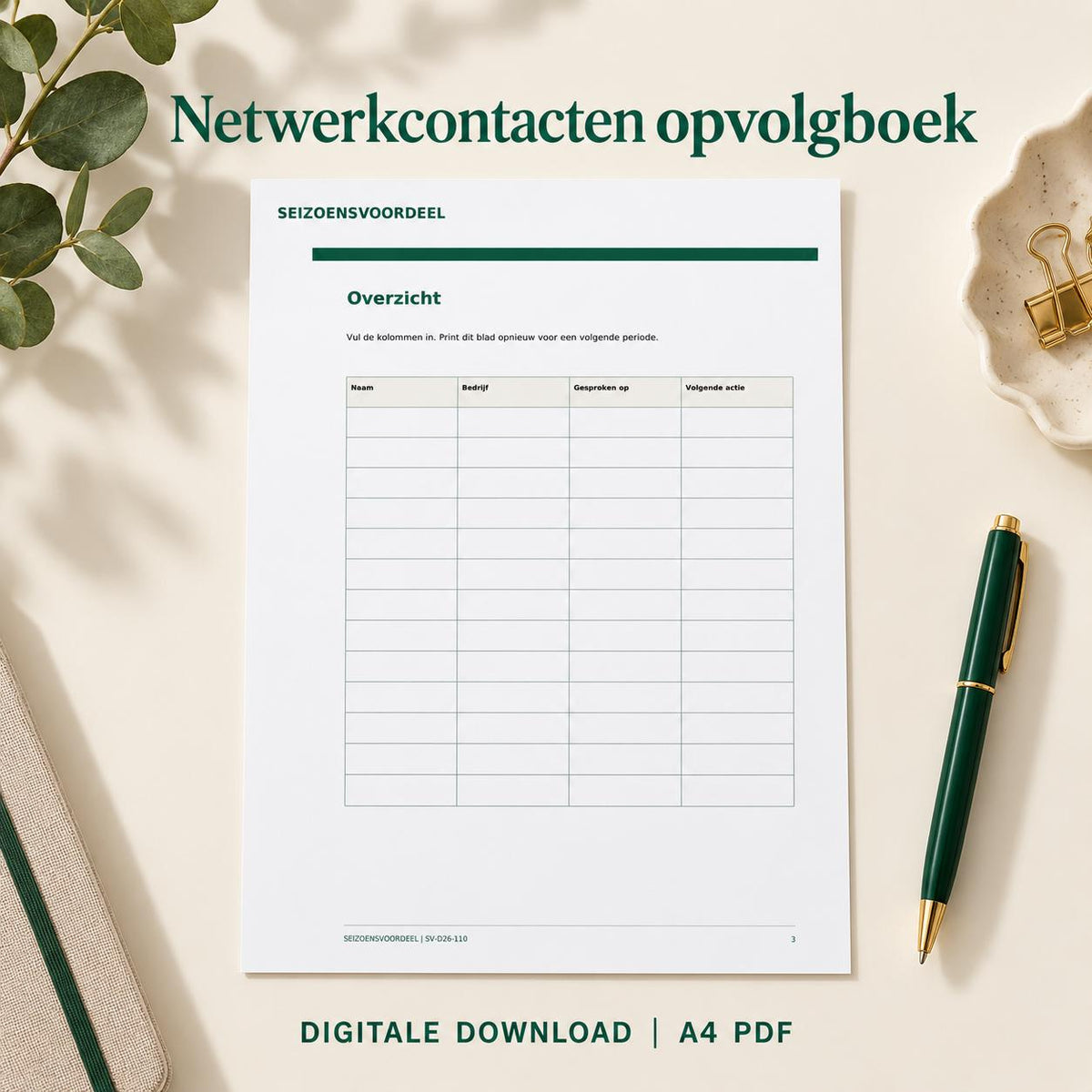 Netwerkcontacten opvolgboek | Nederlandse A4 PDF | Digitale download