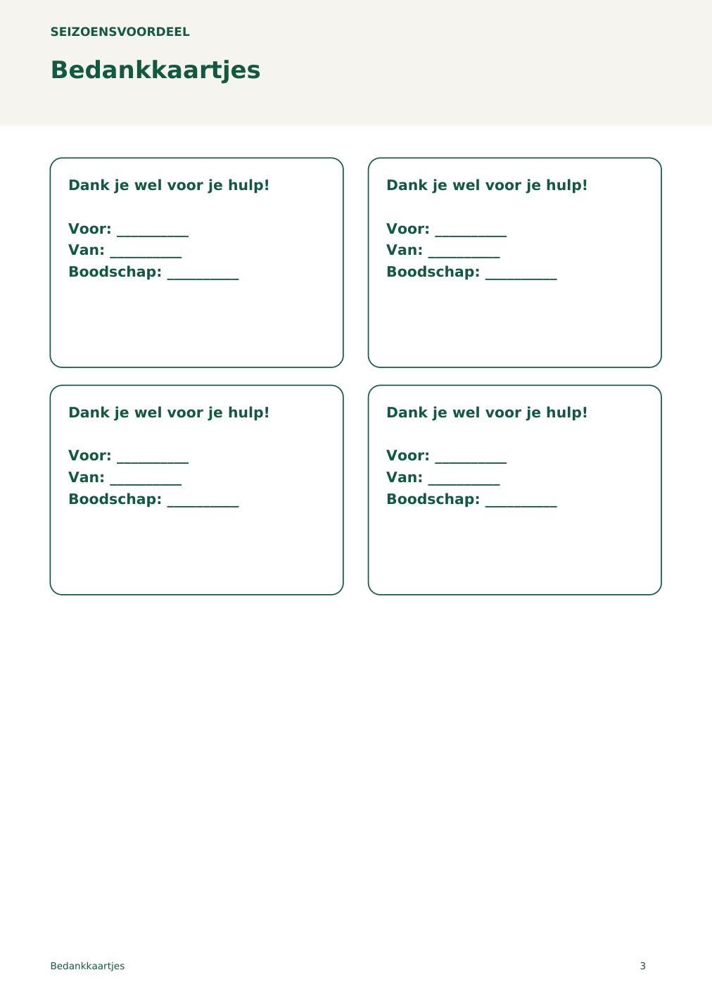 Bedankkaartjes – printbare A4 PDF in het Nederlands – digitale download