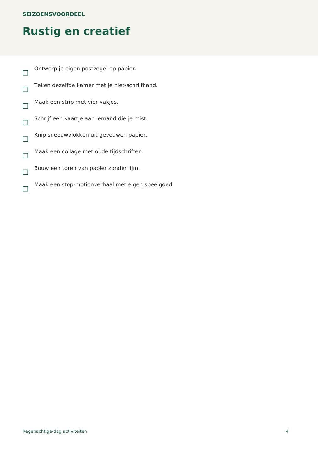 Regenachtige-dag activiteiten – printbare A4 PDF in het Nederlands – digitale download